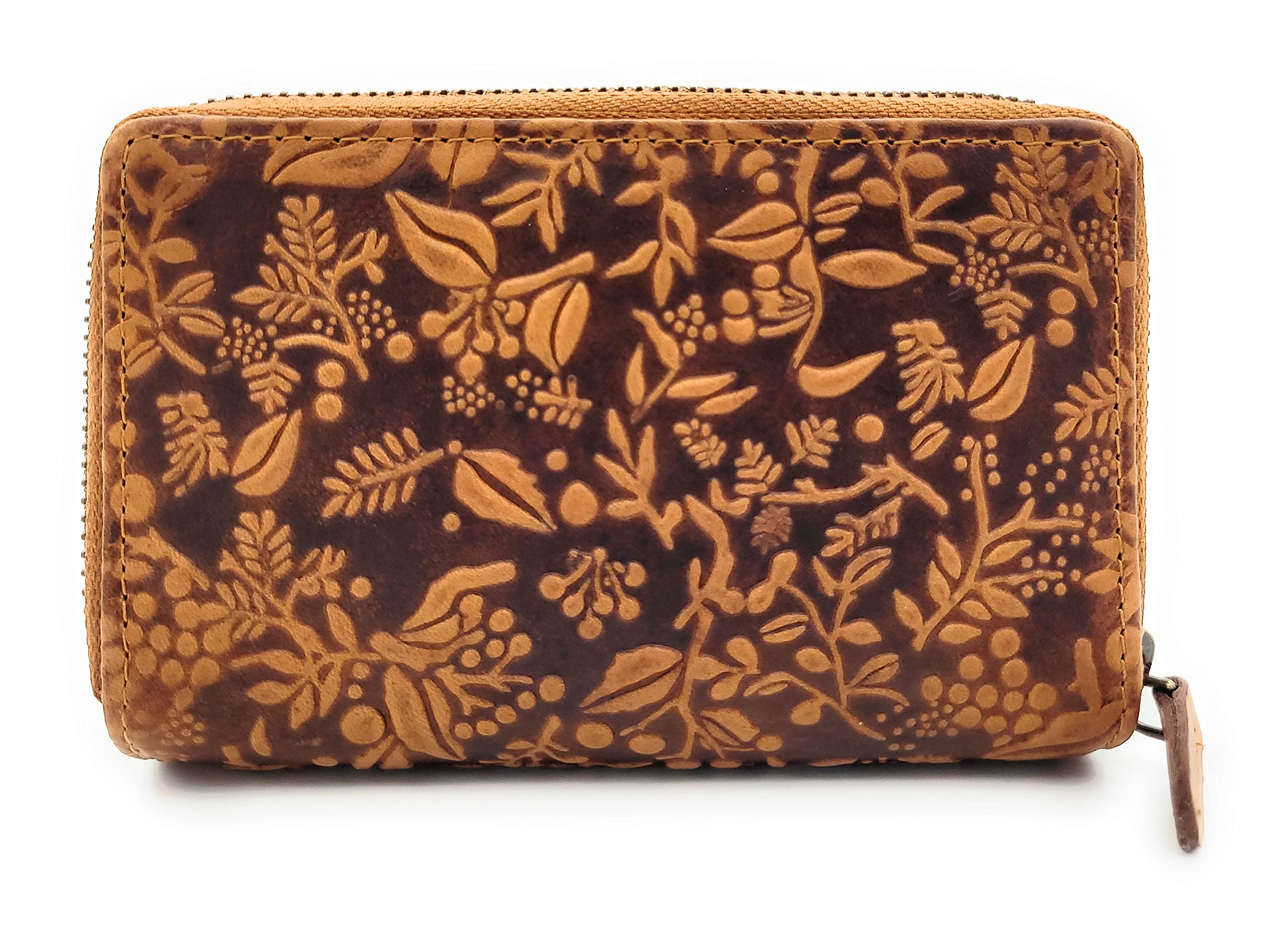 Hill Burry - Cartera de piel auténtica para mujer, con protección RFID / NFC, diseño floral, marrón, small, Monedero