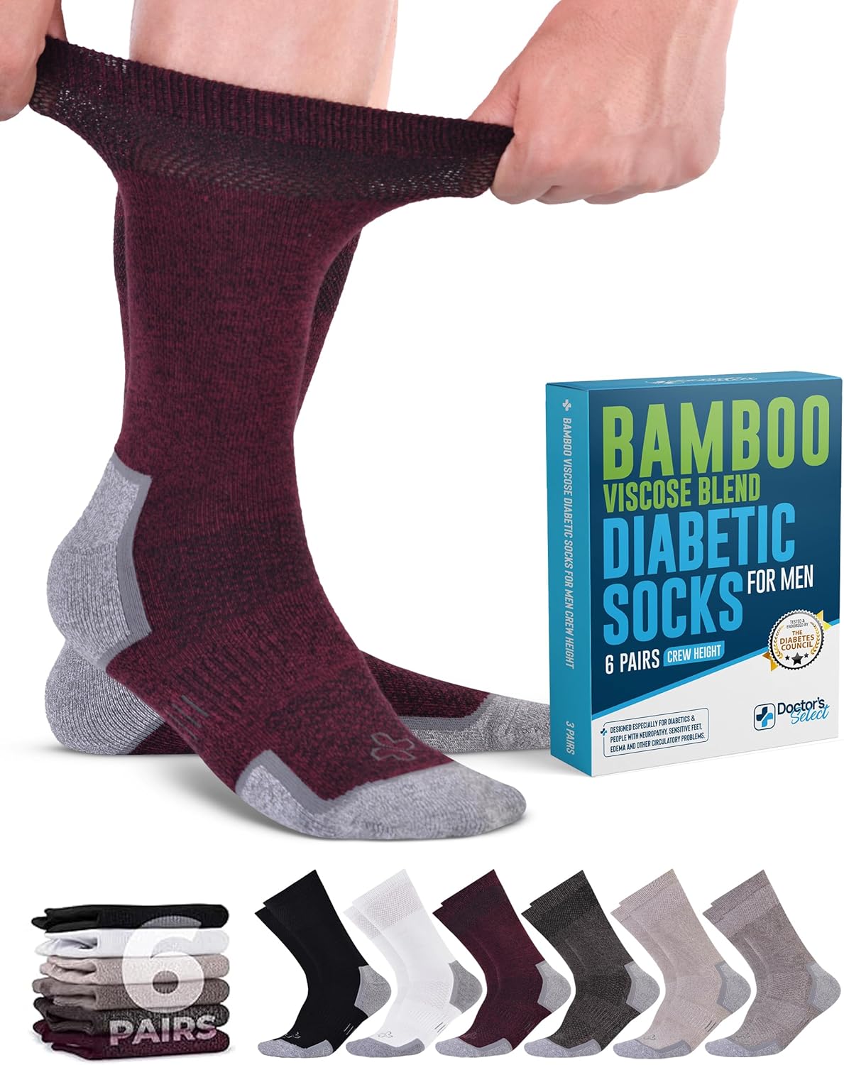 Doctor's Select Bamboo Viscose Black Diabetic Socks for Men - 6 Pairs Crew Stretch Top Mens Diabetic Socks