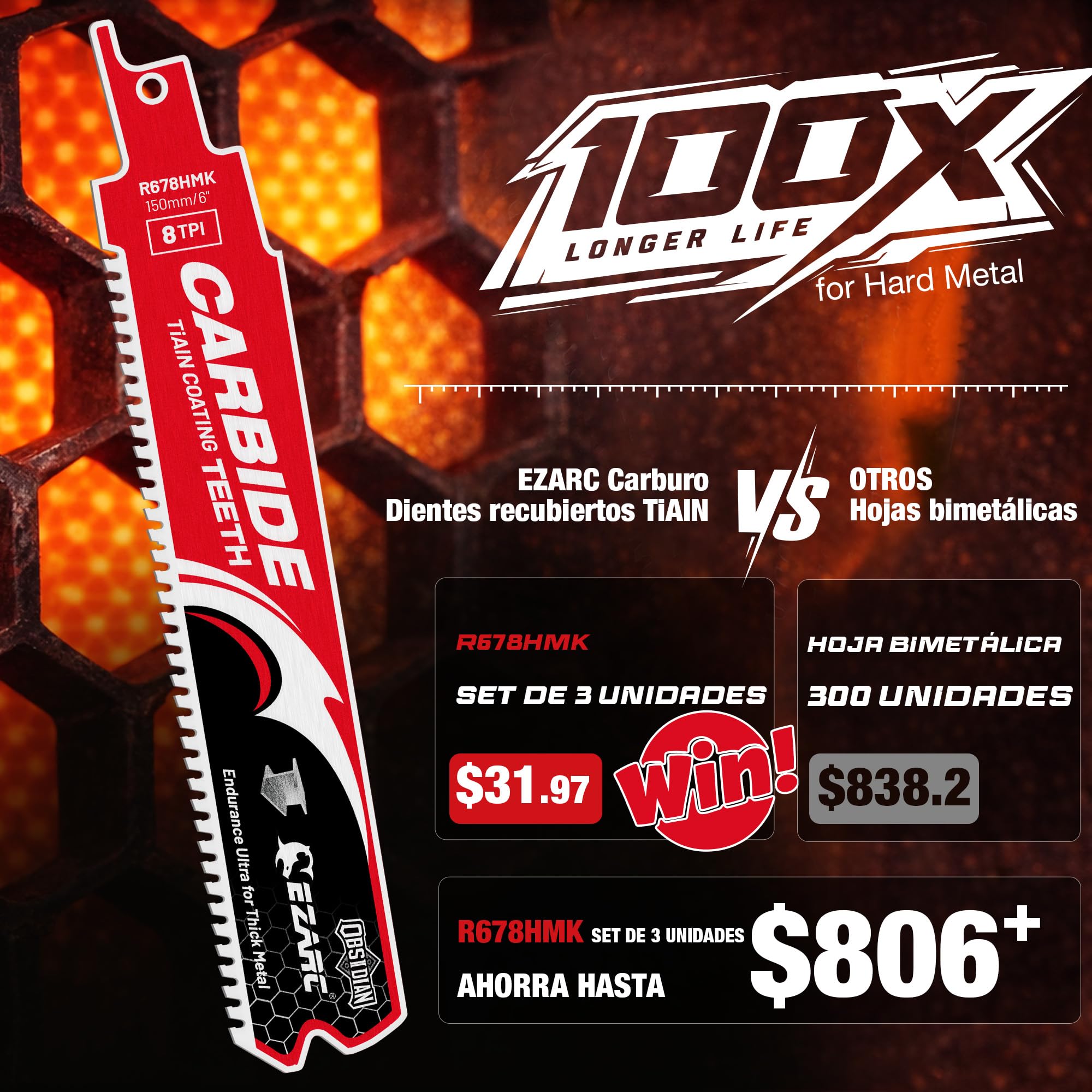 Hoja de sierra recíproca EZARC Obsidian Carbide (Pro) R678HMK 8TPI Endurance Ultra para metal grueso, hierro fundido, acero aleado 150 mm, paquete de 3