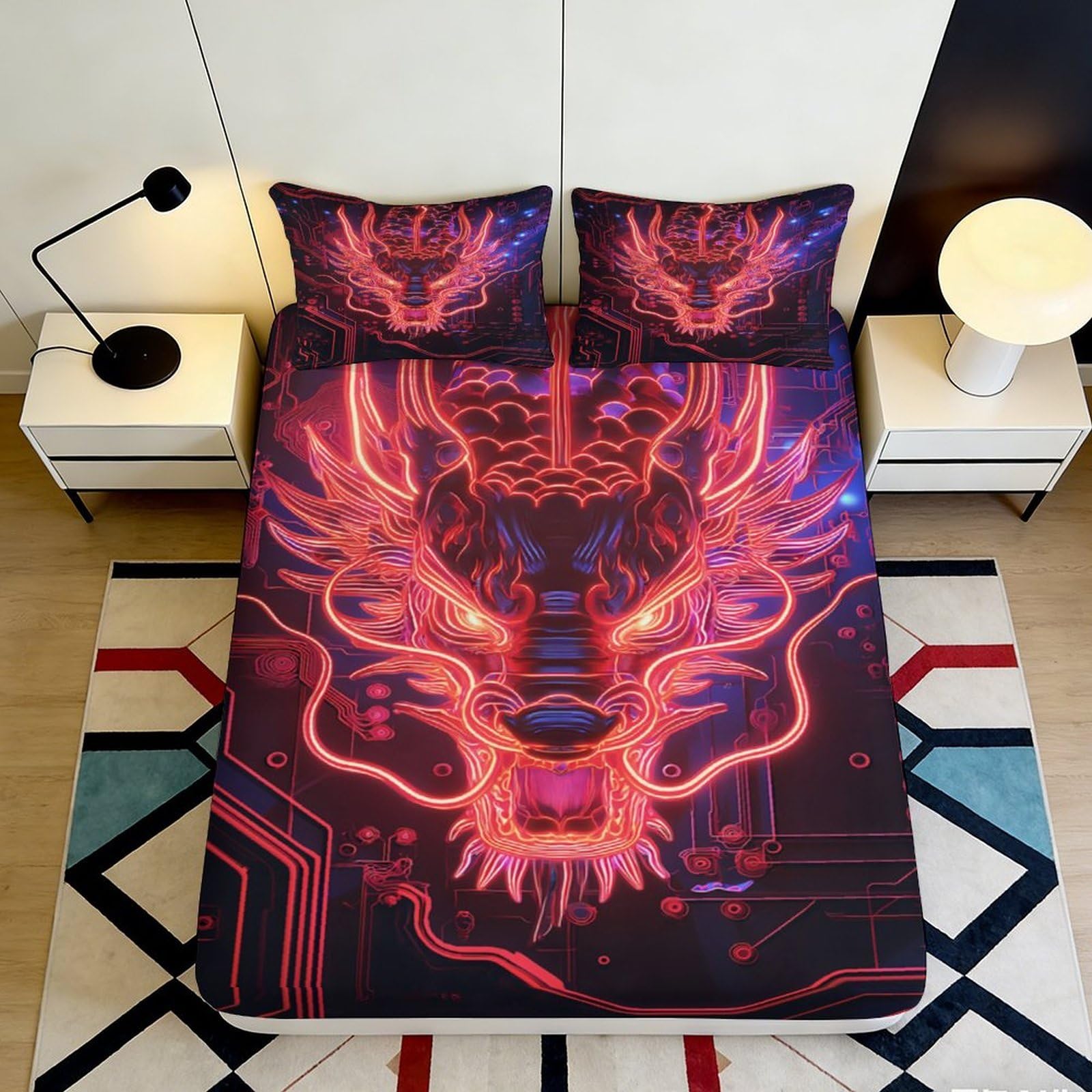 Jqzkxnhpbr Style-2 3D Printed Neon Dragon Fitted Sheet Microfiber Soft Breathable Futuristic Circuit Bed Cover For Bedroom Decor Mattress Protector 90X200x25cm