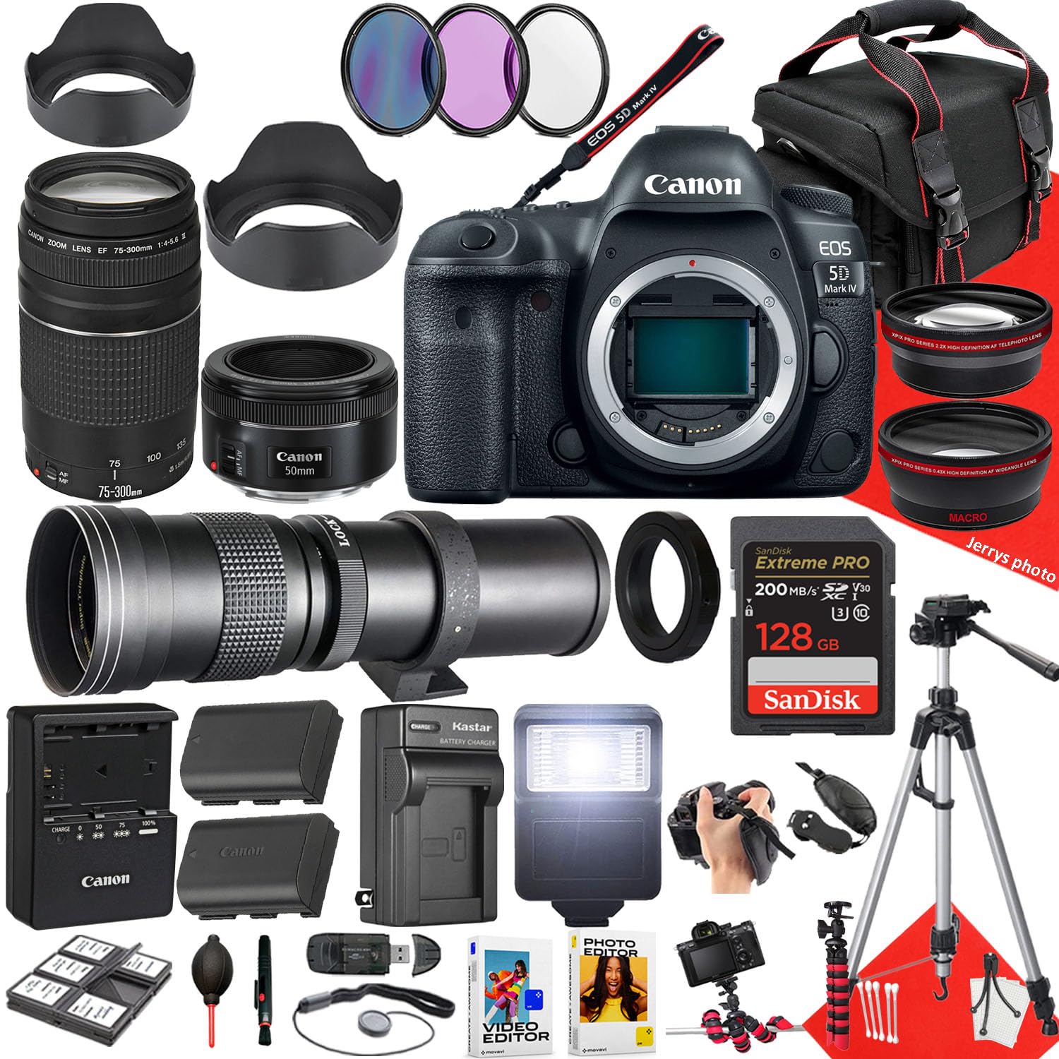 Canon EOS 5D Mark IV DSLR Camera with EF 50mm f/1.8 STM, EF 75-300mm f/4-5.6 III and 420-800mm f/8.3 HD Lens + 128 GB Memory + Filters + More (39pc Bundle) (Renewed)