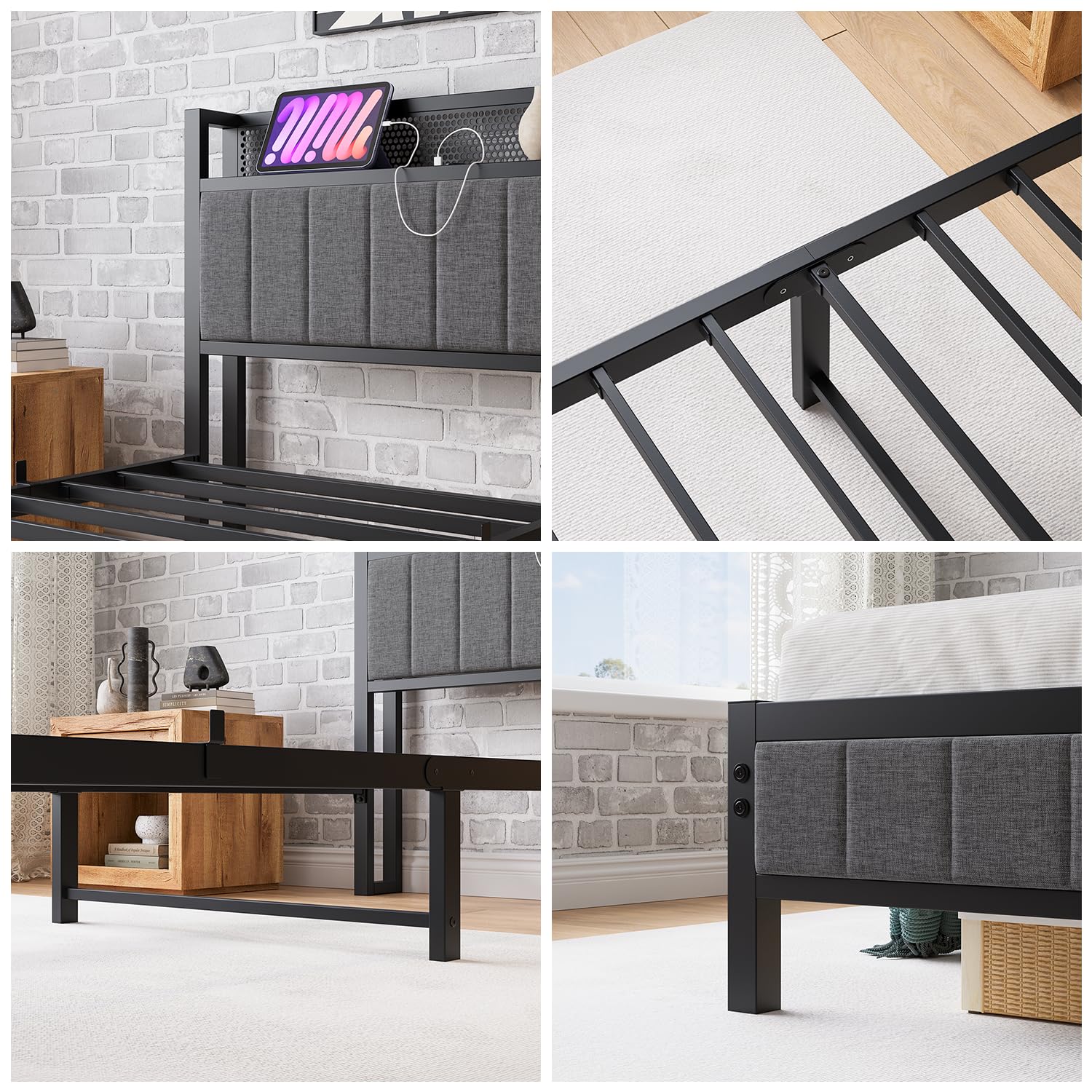 Bettrahmen mit Ladestation Einzelbett Gästebett Metallbett Polsterbett 90x200 Bettgestell aus Metall,Jugendbett mit Lattenrost Kopfteil in Grau,für Schlafzimmer Gästezimmer