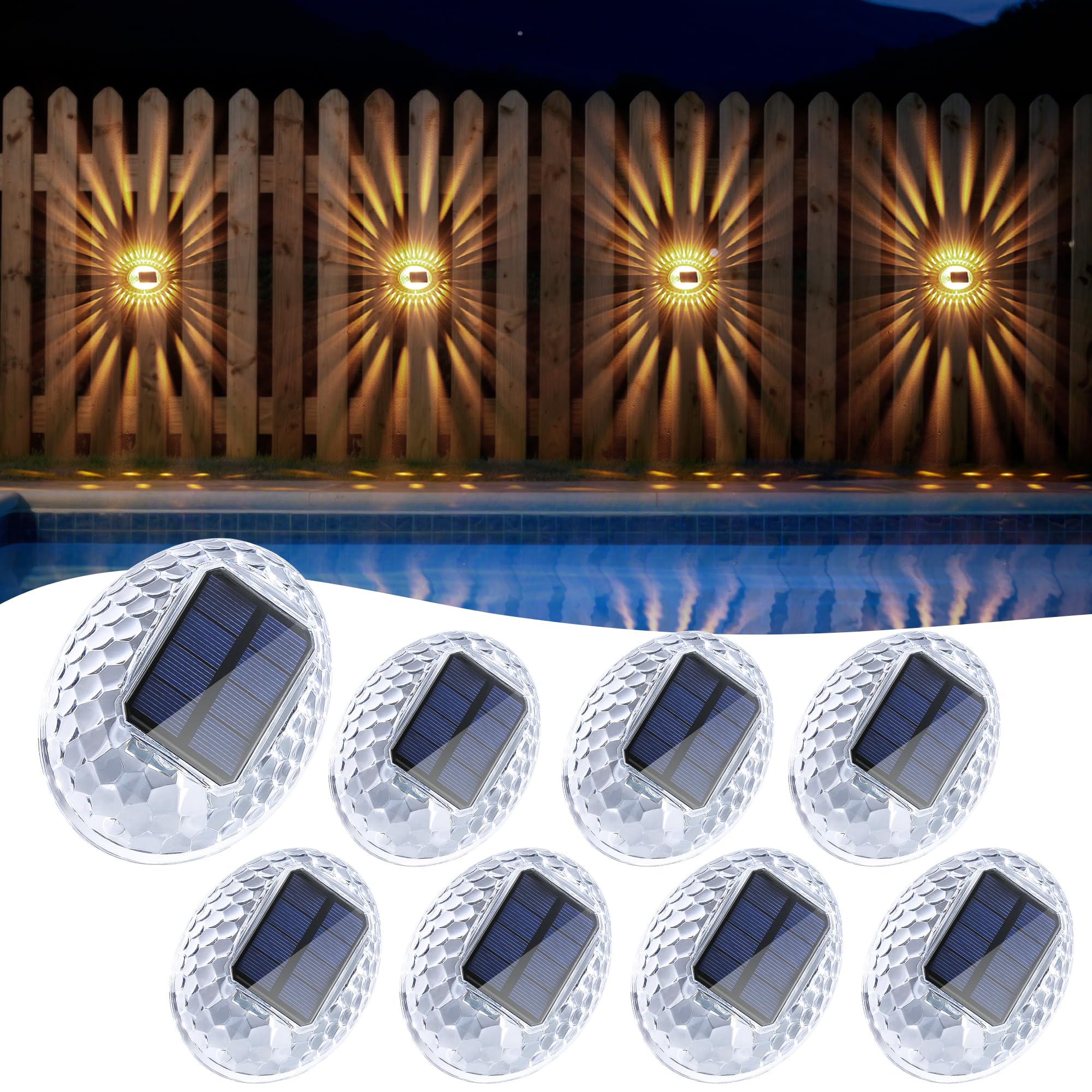 AGPTEK Lampes Solaires de Clôture Déco Coquille 360° Transparent IP65 Étanche Jardin Extérieure Panneau Solaire Incliné 8PCS