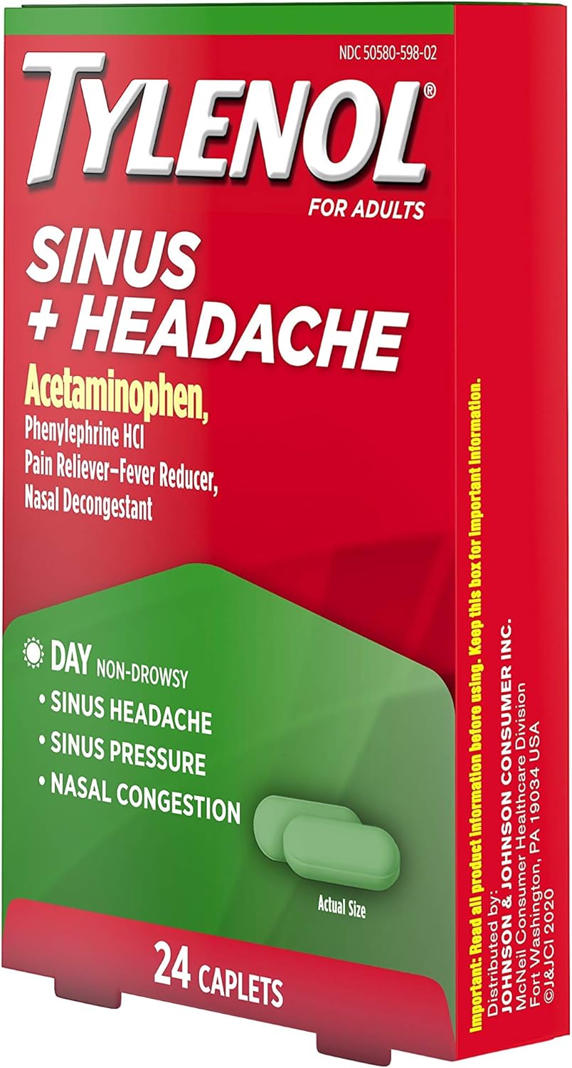 Tylenol Sinus + Headache Non-Drowsy Caplets, Sinus Pressure & Congestion Relief, 24 ct : Health & Household