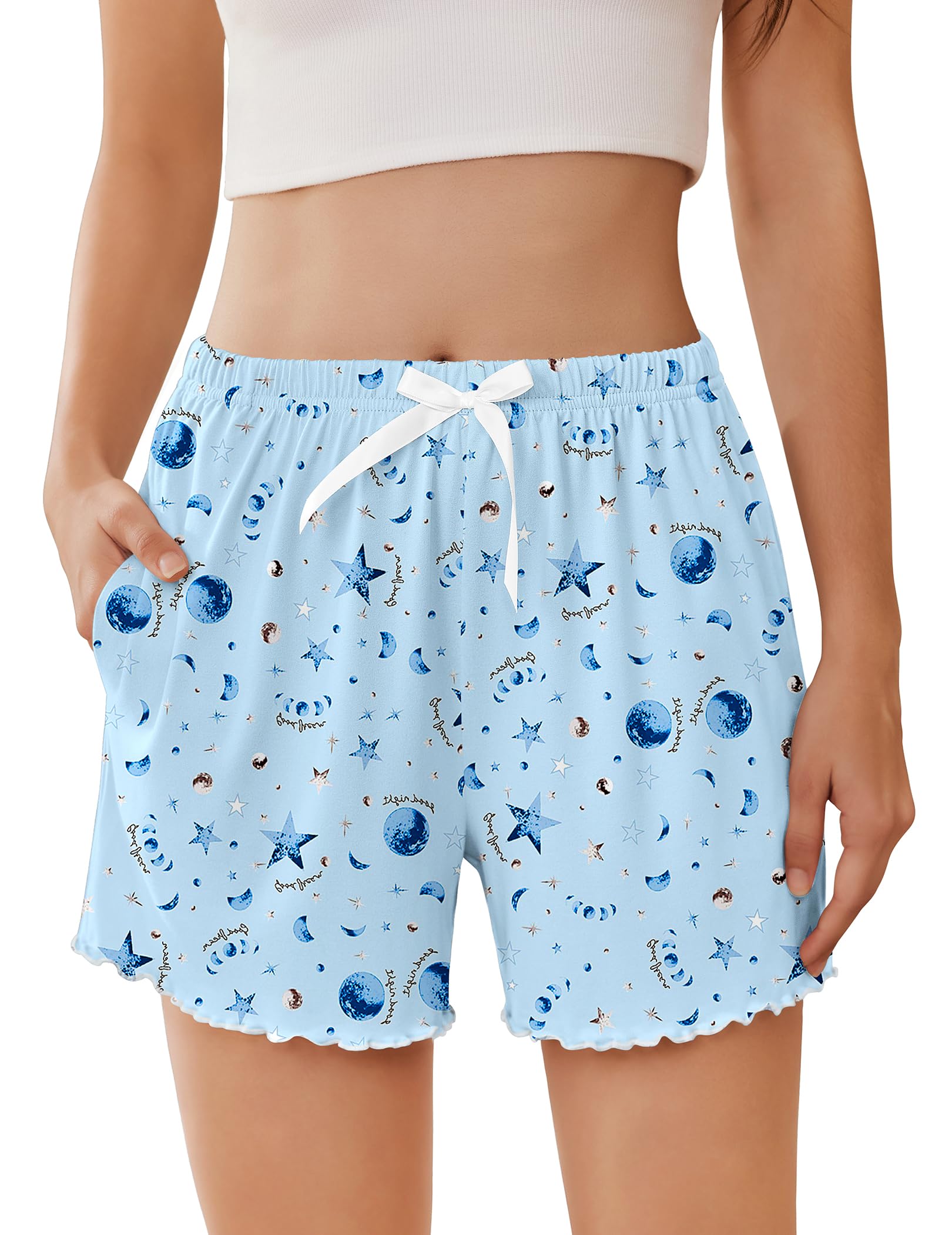Ekouaer 2 Pack Womens Pajama Short 2026 Sleep Short Pj Bottoms with Pockets | Summer Ruffle Shorts,Soft,Comfy,Casual Lounge