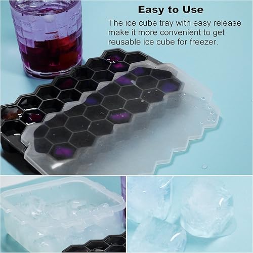 Miniatura 3 de Bandejas de cubitos de hielo para congelador con tapa, bandeja para cubitos de hielo de silicona con tapa, 3 paquetes de 3 unidades, color negro,