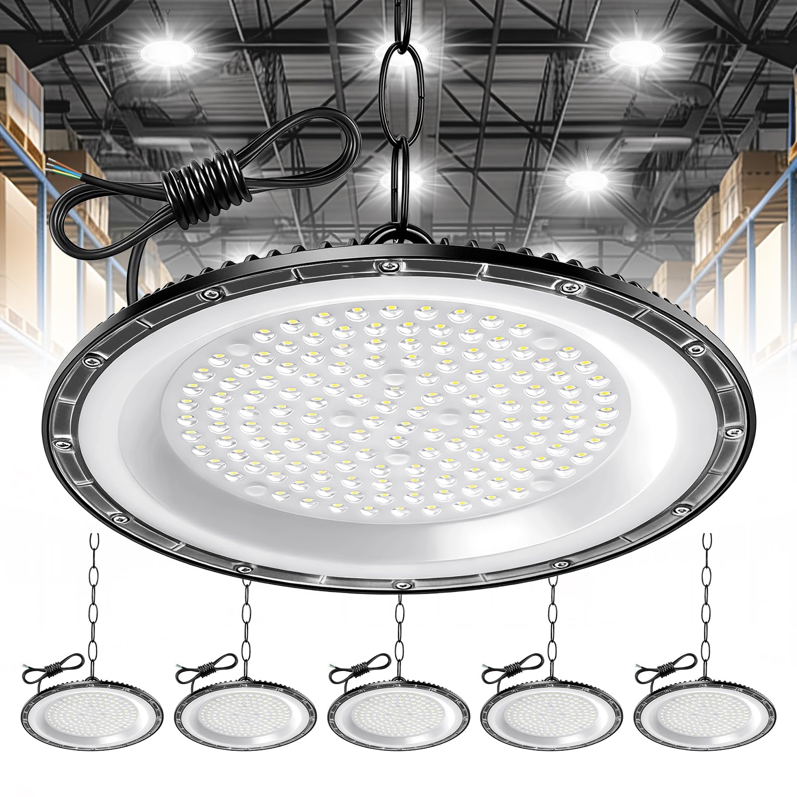 papasbox 6 PCS 200W UFO LED High Bay Light, 20000LM UFO led Workshop Light, Cold White 6500K Bright Workshop Lighting, IP65 Waterproof Industrial lamp high Bay for Factories, Garage, Warehouse — image 1