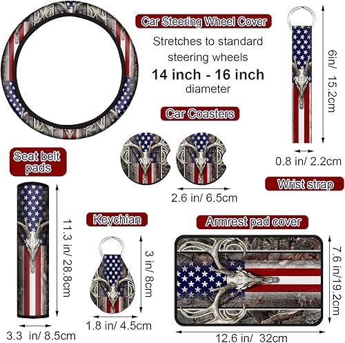 Miniatura 8 de Frienda Juego completo de 15 fundas de asiento de automóvil con bandera estadounidense vintage, 4 de julio, llavero patriótico, portavasos de