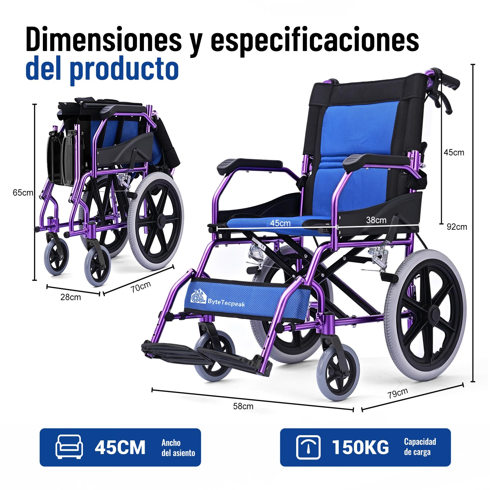 M3 Silla de Ruedas Plegable Ligera para Adulto, Fácil de Transportar, Doble Freno, Reposapiés Plegables, Soporta hasta 100 kg, Ideal para Mayores y Movilidad Reducida - Púrpura