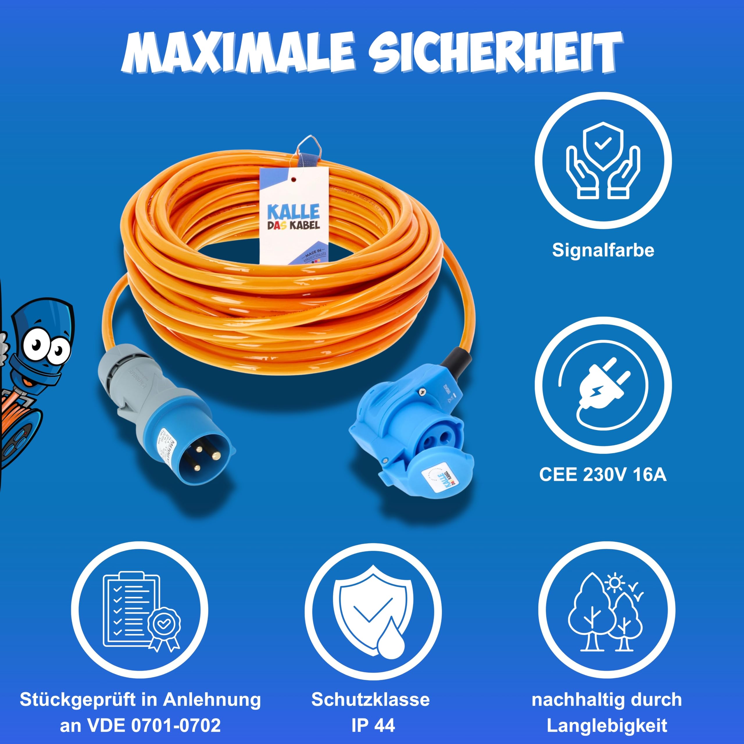 KALLE CEE Verlängerung 2,5mm² Winkel 15 Meter Vollpur-Premium-Leitung Industrie BAU Boot Camping