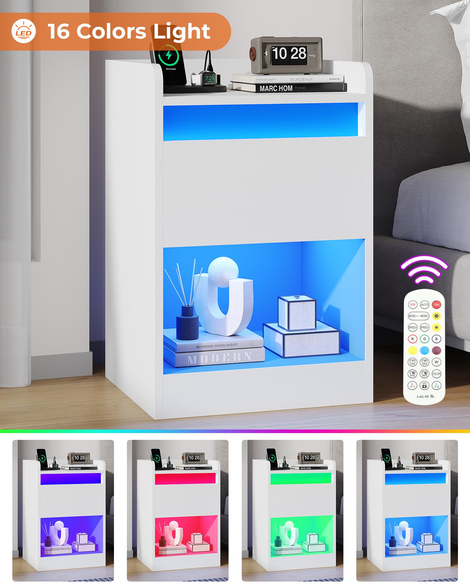 Comodino con LED 45 x 40 x 50 cm, Tavolino Moderno con 1 Porte USB e 1 Type- C, Mobile con Ripiano Aperto e Cassetto, Luci a Colori Variabili ( | Leroy Merlin