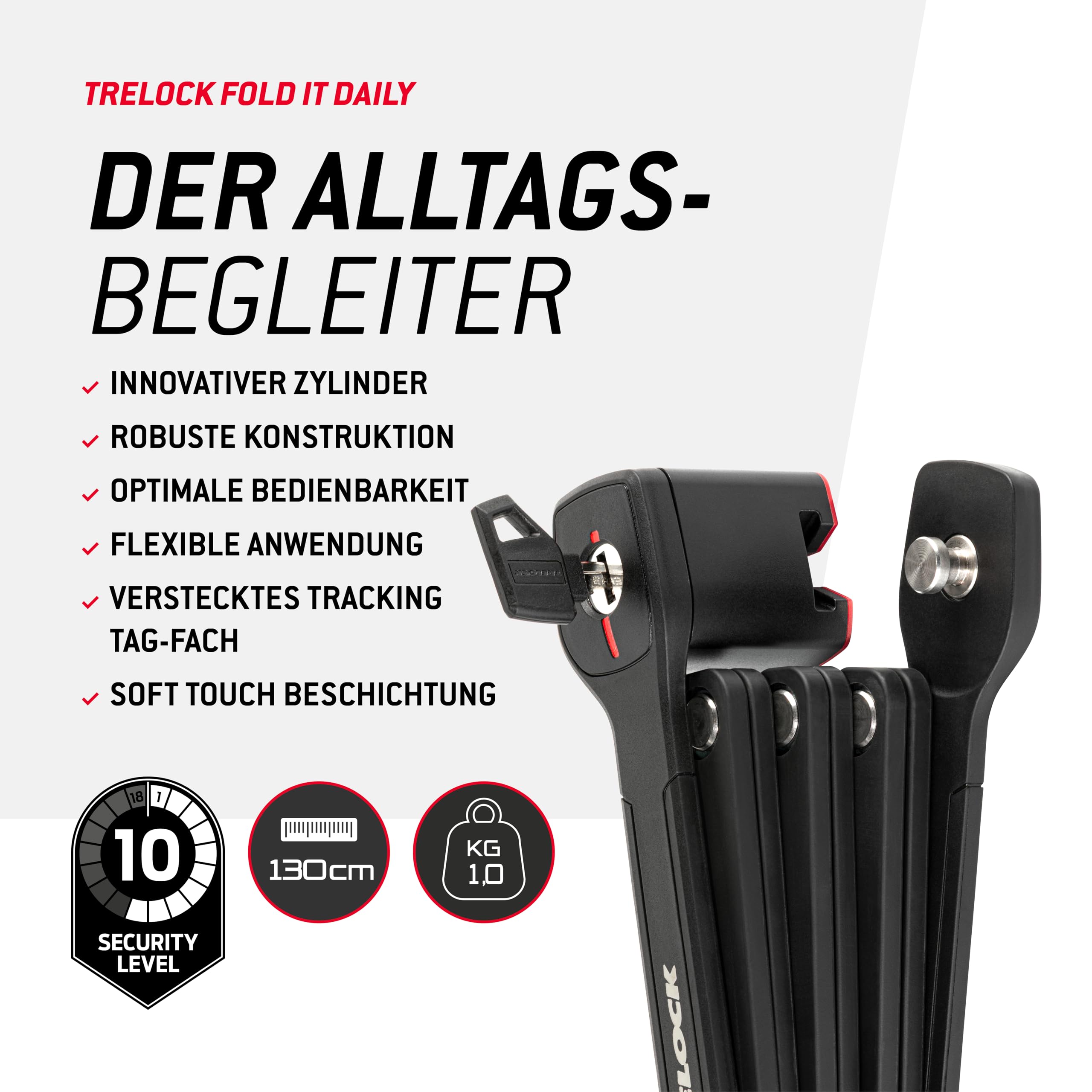 TRELOCK Fold-it Daily – Faltschloss 130 cm – inkl. X-Press-Halterung mit Tracking Tag Fach – Fahrradschloss passend für alle Rahmen