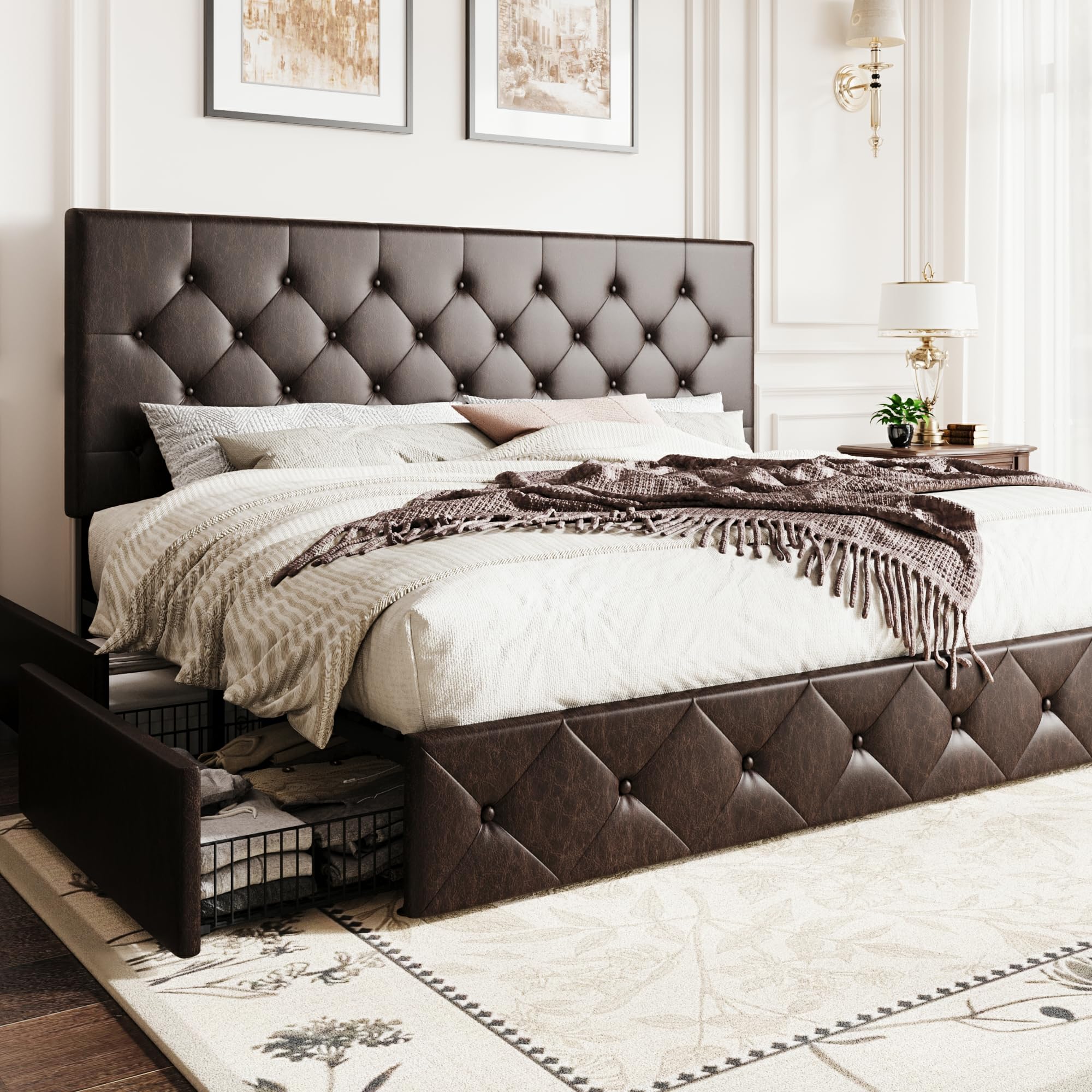 (footboard onlySHA CERLIN Upholstered King Size Platform Bed Frame with 4 Storage Drawers, Adjustable Headboard with Diamond Stitched Button Tufted Design, Wooden Slat Support, No Box Spring Needed, Black Brown