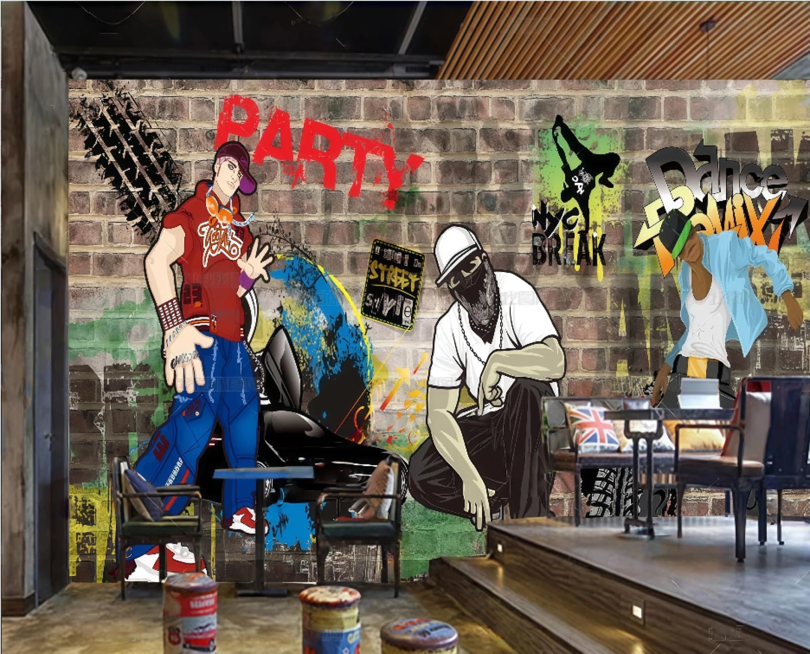 Xdoubao 3D Wallpaper Brick Wall Fashion Trend Street Art Graffiti Hip-Hop Music Bar Dessert Drink Afternoon Tea Western Restaurant Background Wall Wallpaper Coffee Shop Mural,,400X280cm