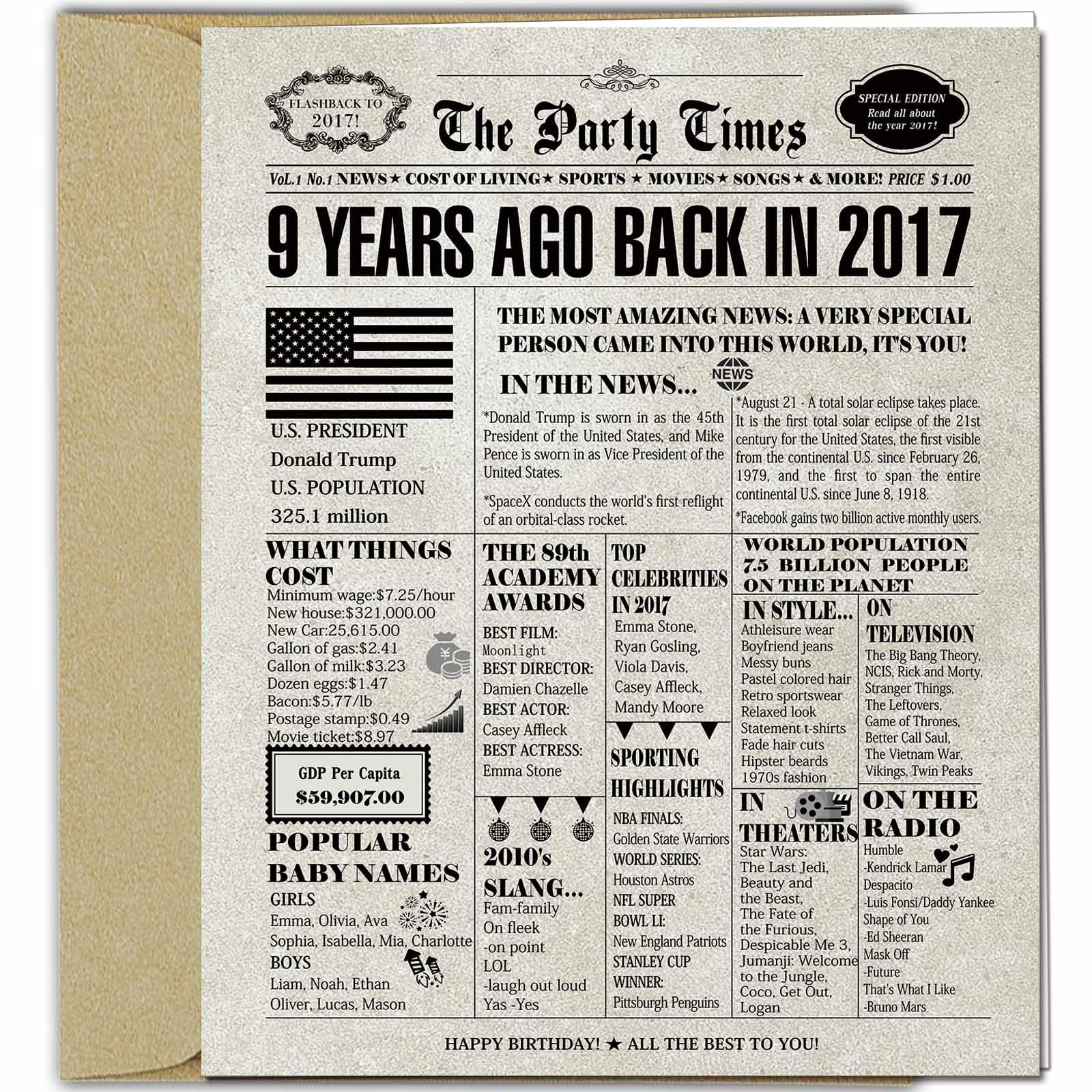 DUGUTUL Vintage 9th Birthday Card, 9 Birthday Decoration, Nostalgic Birthday Card for 9 Years Old Boy Girl, Retro Happy 9th Birthday Party Decoration,