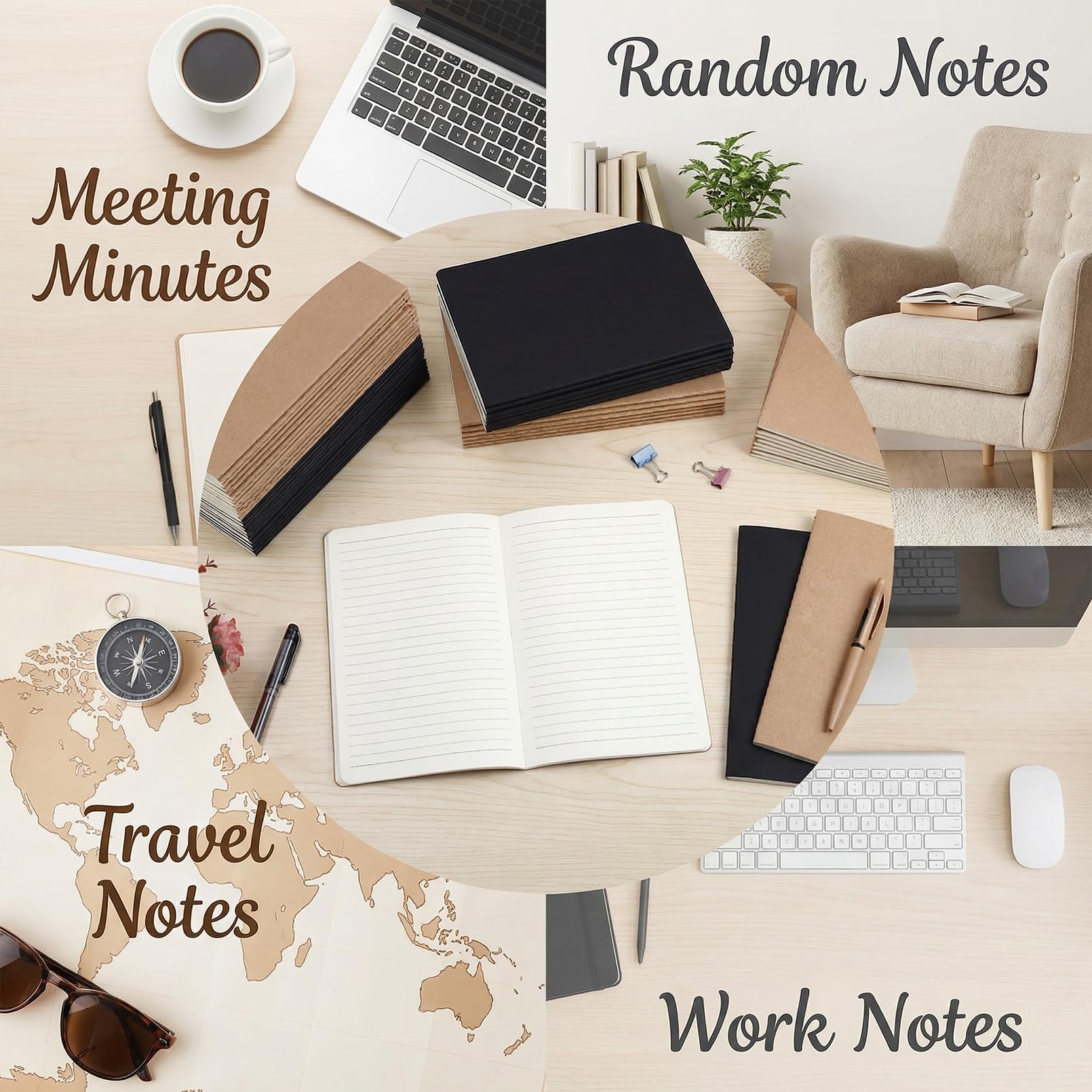 Paquete de 50 cuadernos de papel kraft, diario rayado A5, cuaderno de viaje con rayas universitarias, 5.5 x 8.3 pulgadas, 60 páginas/30 hojas, 25 cubiertas negras y 25 cubiertas marrones