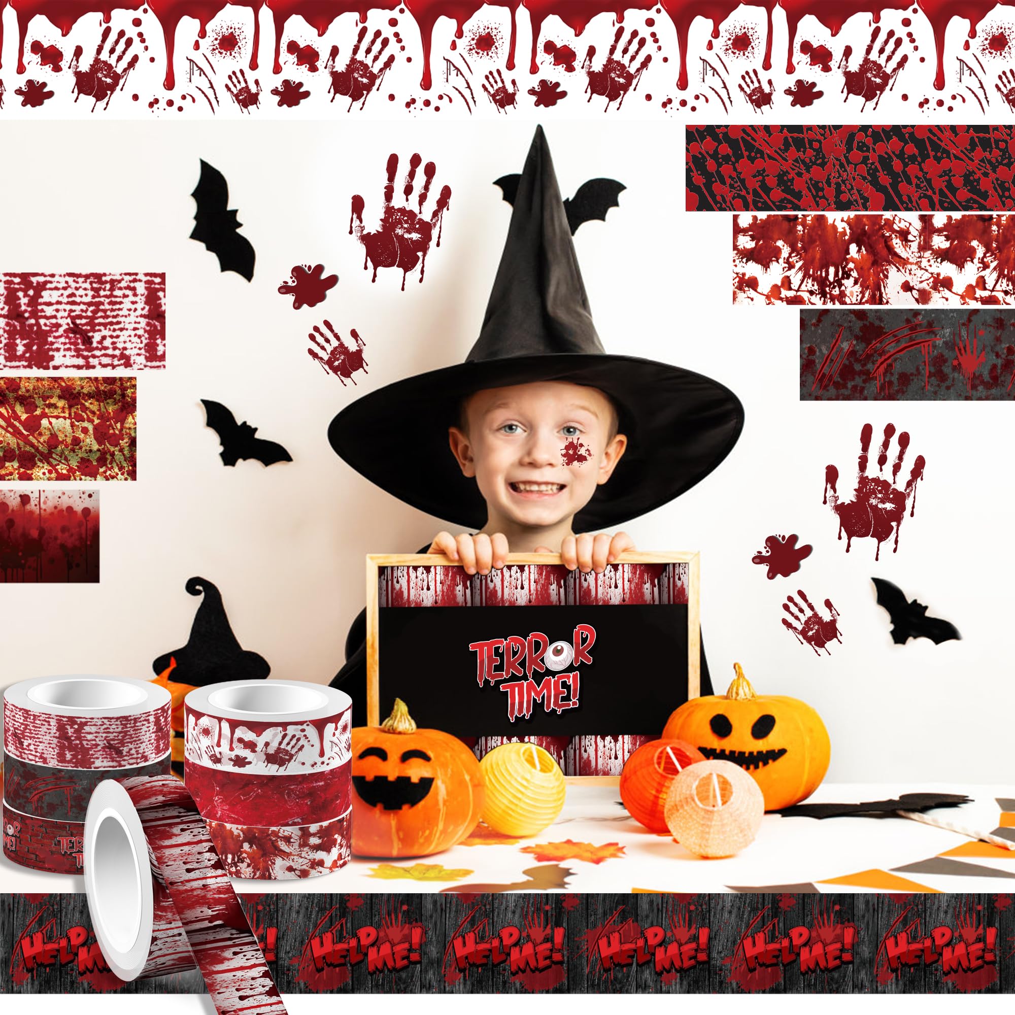 GLKTOPO 12 Rolls Halloween Washi Tape Bloody Pattern Spooky Bloodstain Skull Masking Tapes for Theme Scrapbook Journal DIY Decorative Craft Gift Wrapping - 12 Style - 16.4Ft