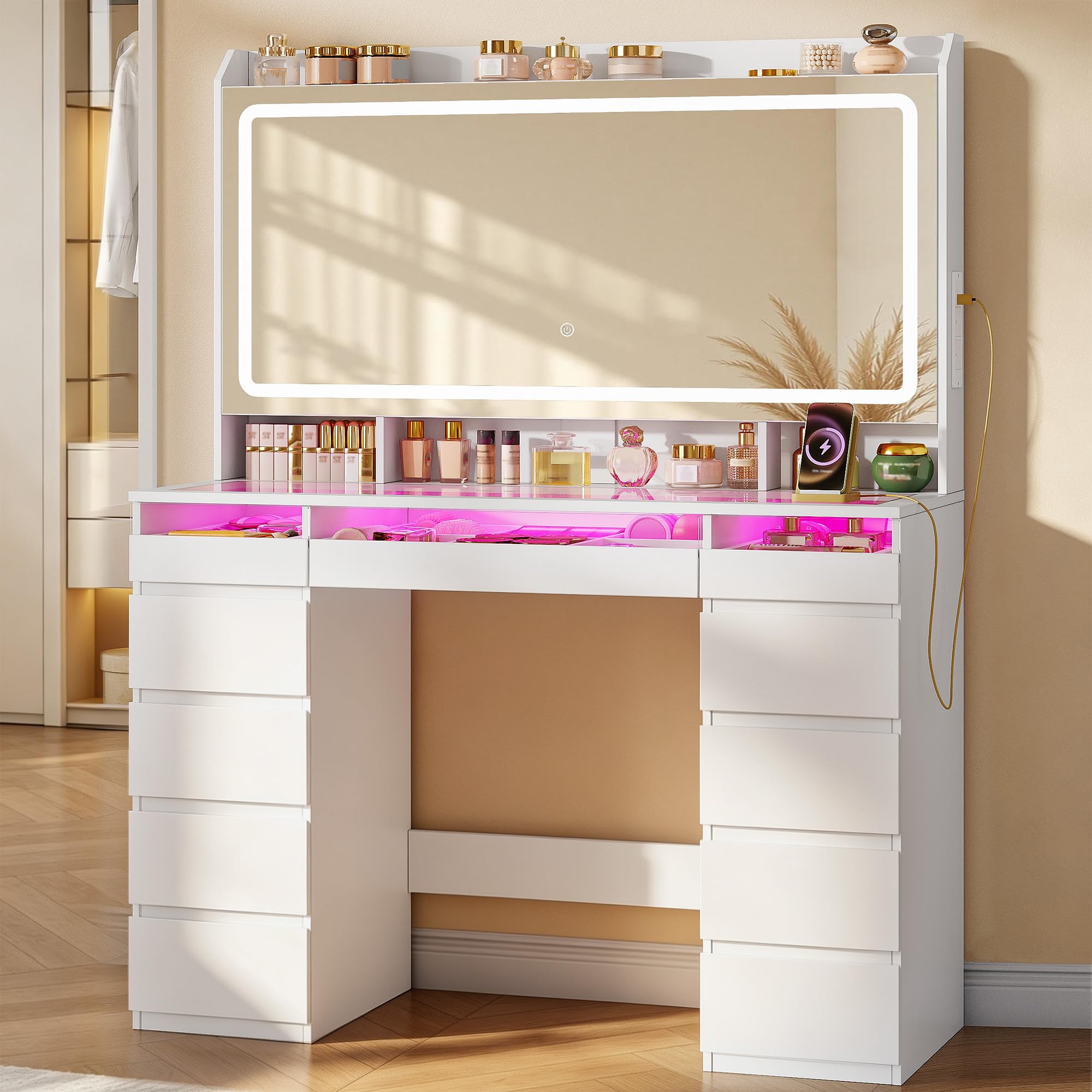 Hzuaneri Dressing Table with HD Mirror, RGB Lights, Power Strip