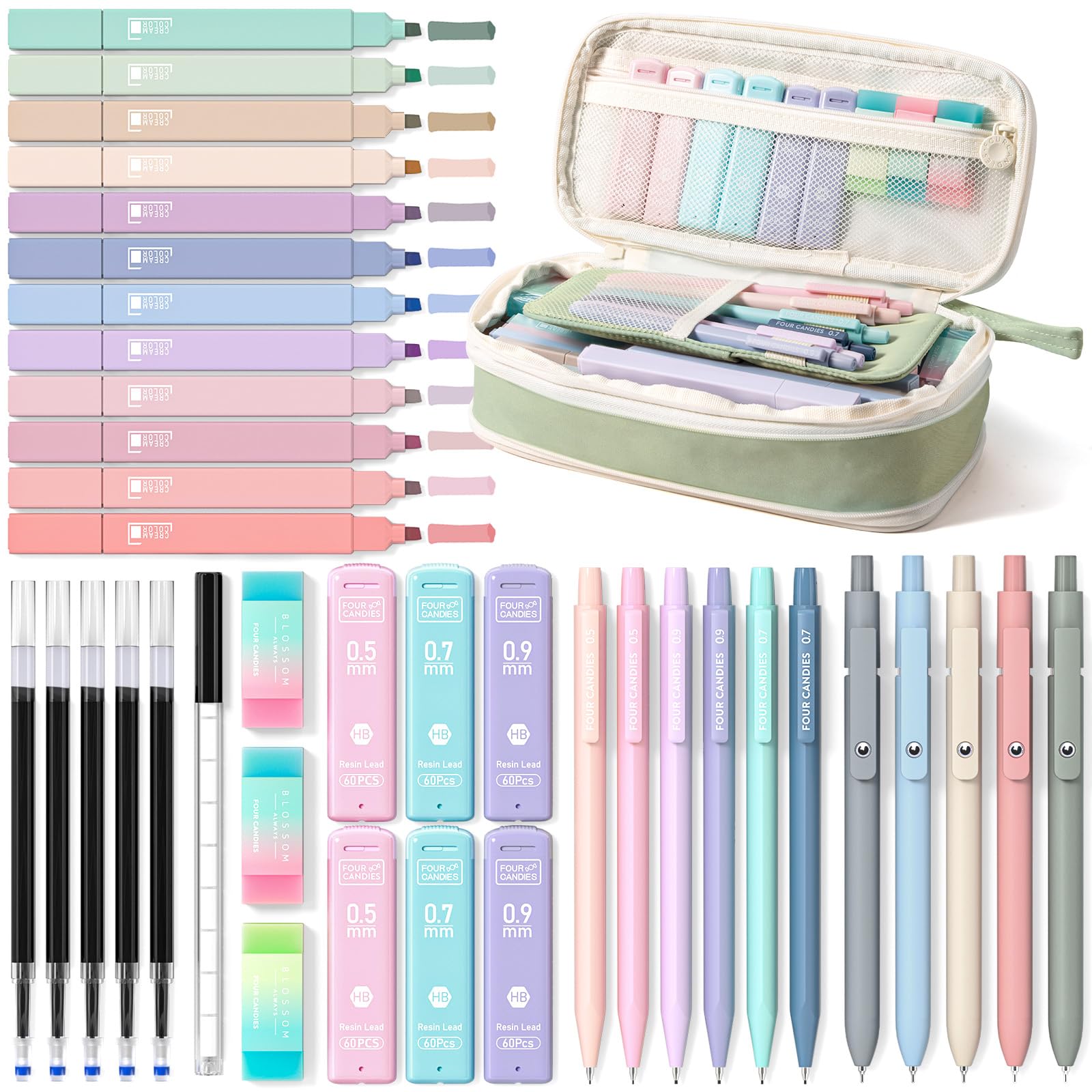 Four Candies 39 Stück Schulsachen mit Mäppchen, 12 Pastell Textmarker, 5 Gelstifte, 6 Druckbleistift Set, Aesthetic Stifte und Coole Sachen für Teenager Mädchen School Stuff Clean Girl (Grün)