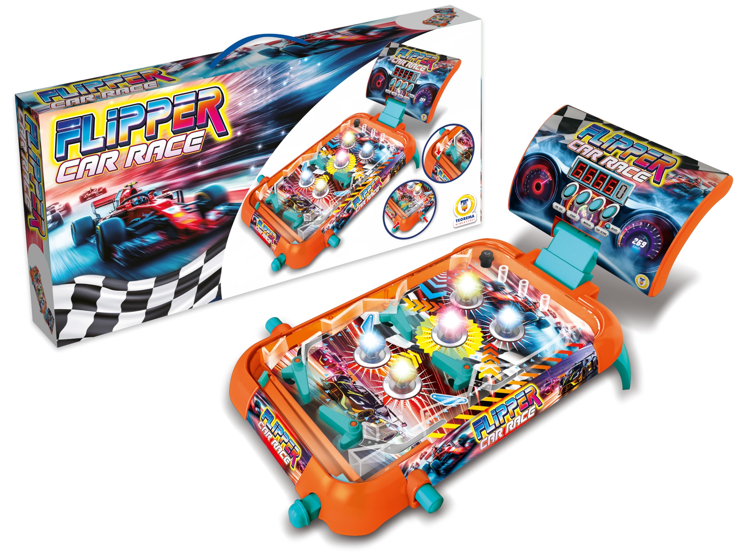 Teorema Giocattoli Flipper Car Race, Flipper Elettronico da Tavolo per Bambini con Segnapunti Digitale, Luci e Suoni da Sala Giochi, Gioco di Abilità Portatile
