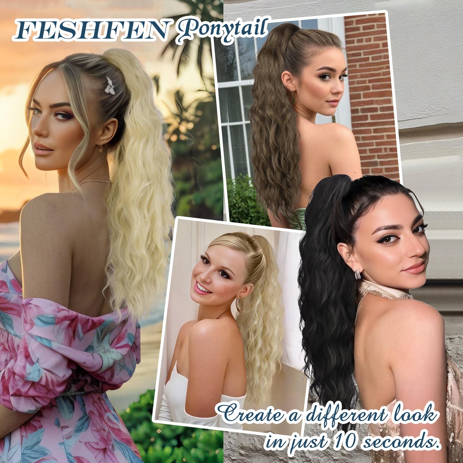FESHFEN Coletas Postizas Pelo Ondulada, Largo Cola de Caballo Extensiones con Peine Sintetico Postizos Ponytail Extensiones de Cabello para Mujer, 60 cm Marrón Claro & Rubio