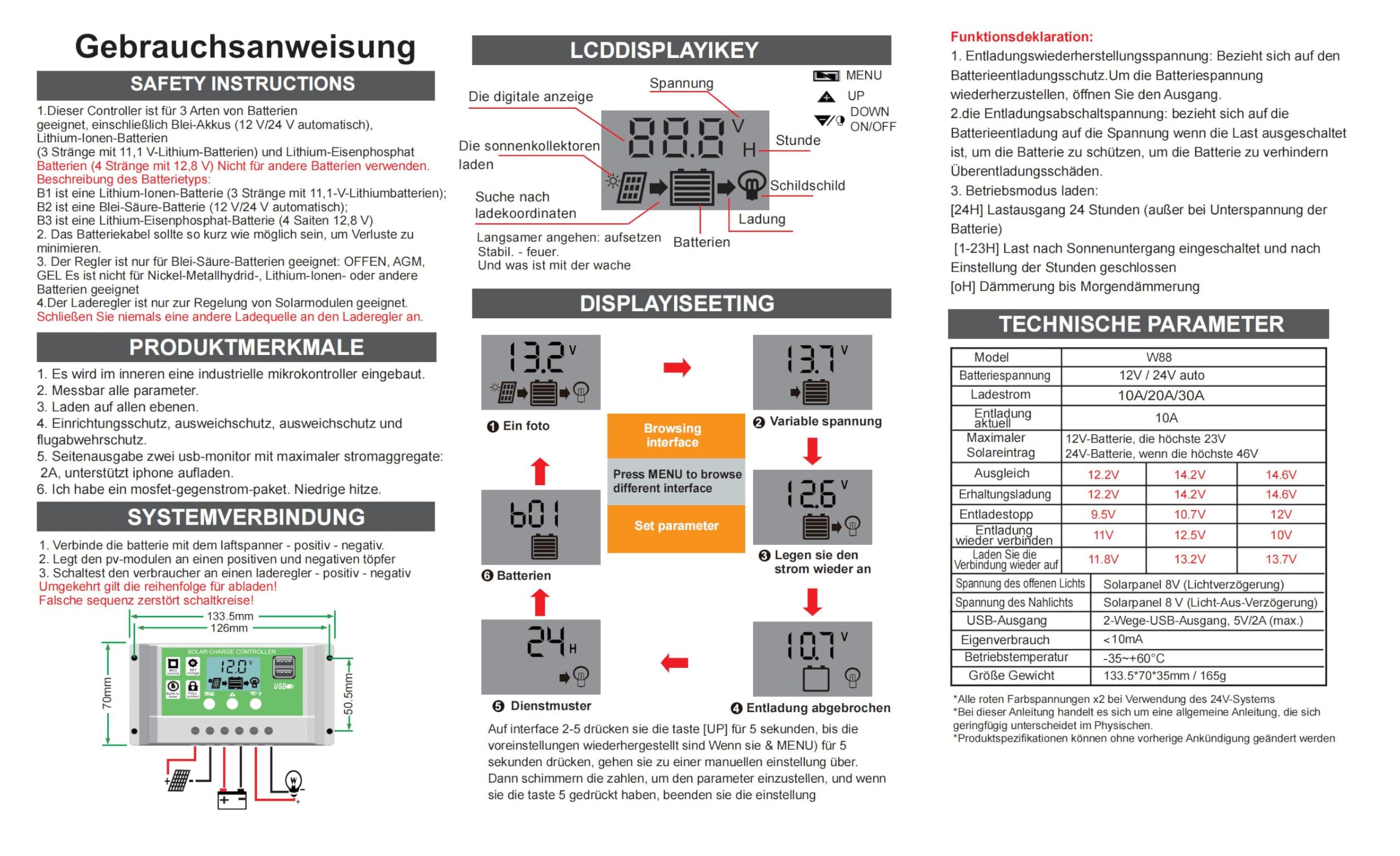 PWM Zonneladingscontroller 30A – 12V/24V – Instelbaar LCD-scherm – Geschikt Voor Lithium, Loodzuur En LiFePO4 – Met 2 USB-poorten – Automatische Spanningsherkenning