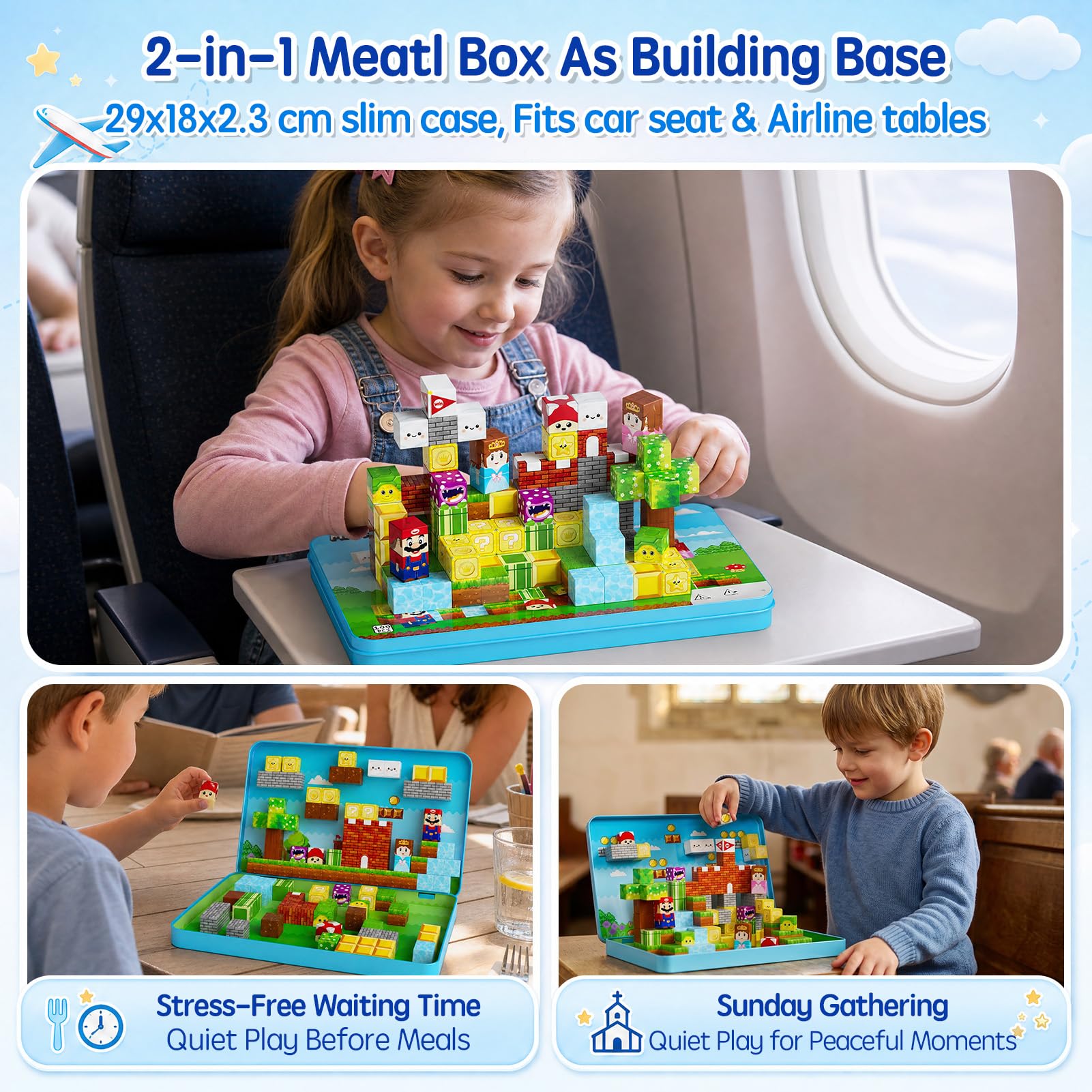 Blocs magnétiques de Voyage pour Enfants : 100 Cubes magnétiques Avec boîte en métal, 90 Minutes de Concentration pour la Voiture ou l'avion, pour garçons et Filles de 3 à 8 ANS