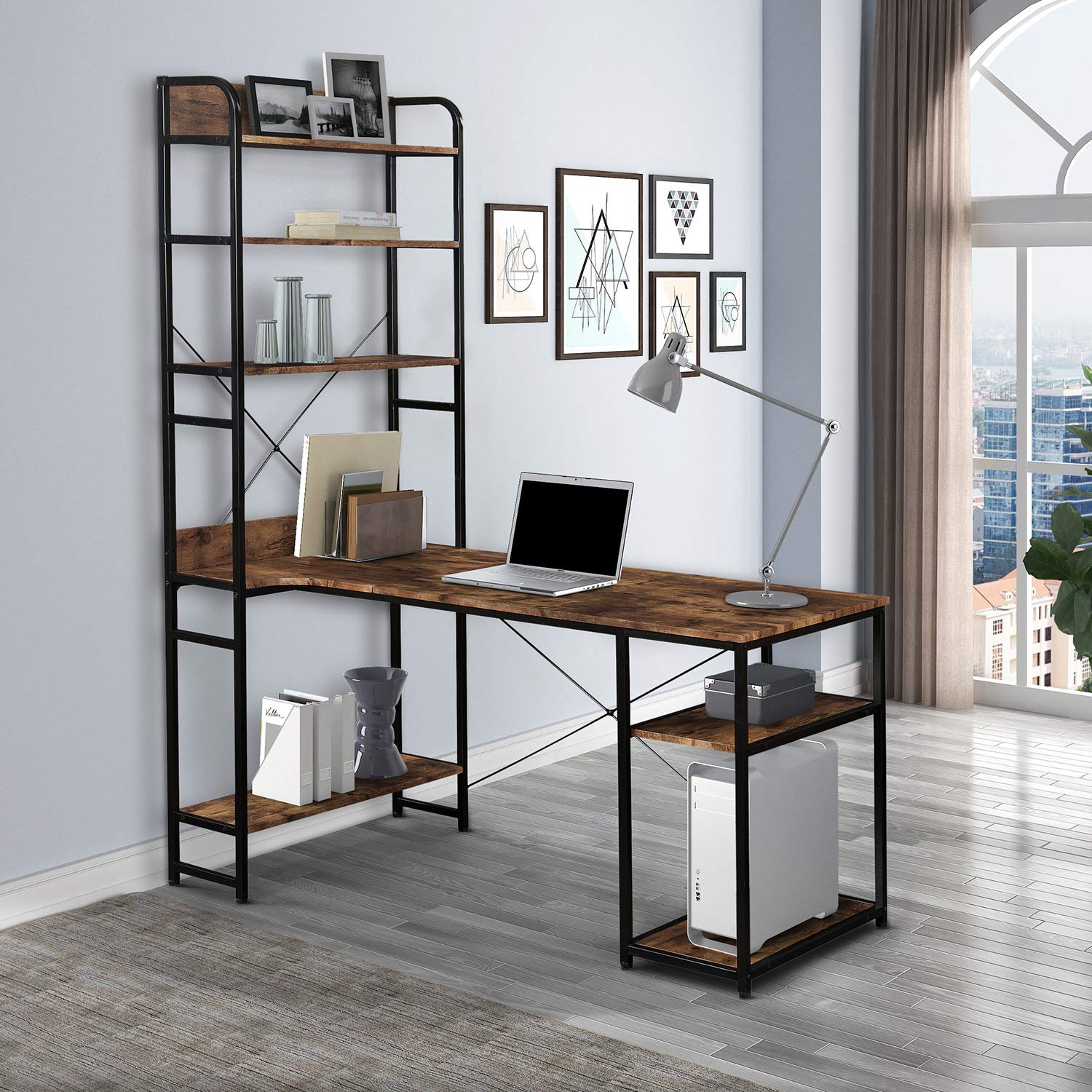 Buy Merax Computer 5 Tier Storage Shelves, Large Office Desk with Hutch