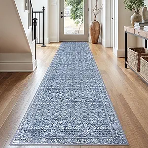 2.6x16 Blue Washable Runner Rug for Kitchen, Soft Classic Runners with Non-Slip, Non-Shedding Distressed Floral Rug for Hallways Entryway Bedroom Bathroom Laundry Indoor
