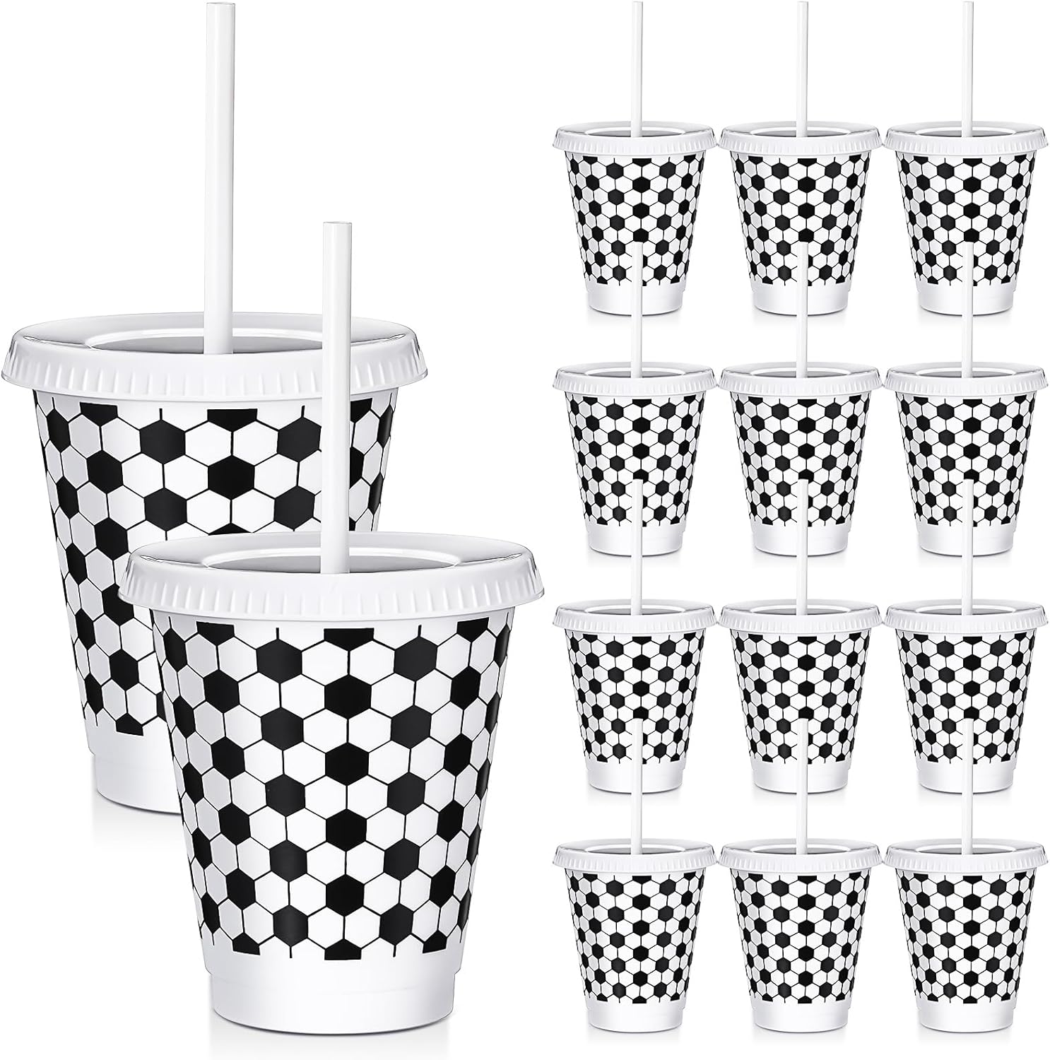 12 Pcs Soccer Party Cups with Straws and Lids Bulk 16 oz Plastic Water Soccer Cups for Birthday Supplies Reusable Sports Party Decoration for Sports Event - Image 2