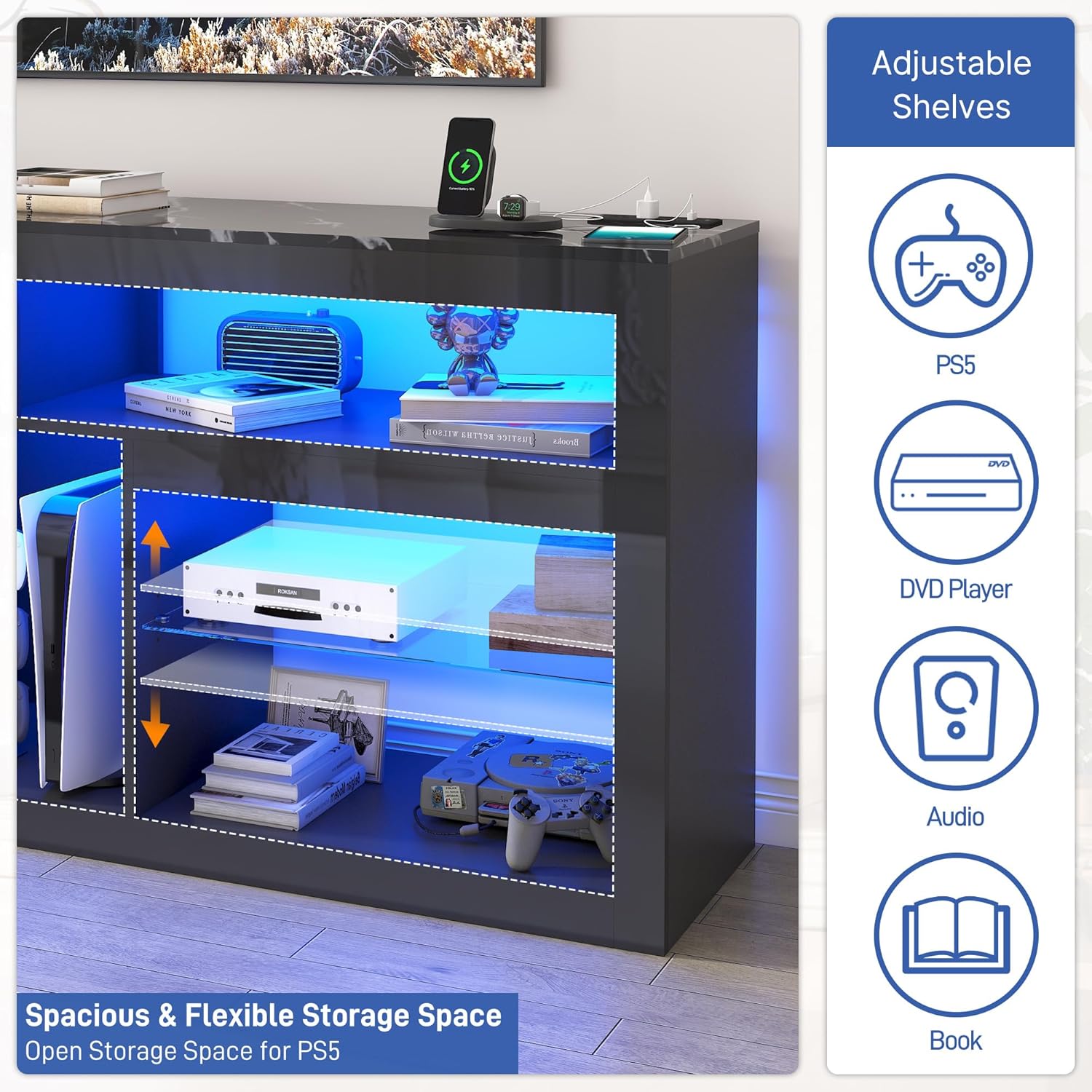 71" LED TV Stand w/Power Outlet, 31.5" Tall Entertainment Center for 75 Inch, Gaming Console with Storage, Adjustable Shelf Modern High Cabinet for Living Room Bedroom, Black Marble - Image 4