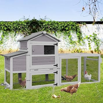 Chicken Coop for 2-4 Chickens,Outdoor Chicken House with Wheels, Nesting Box, Leakproof Pull-on Tray and UV-Resistant Roof Panel, Wooden Mobile Chicken Coop for Duck Grey, 70" L x 22" W x 44.1" H