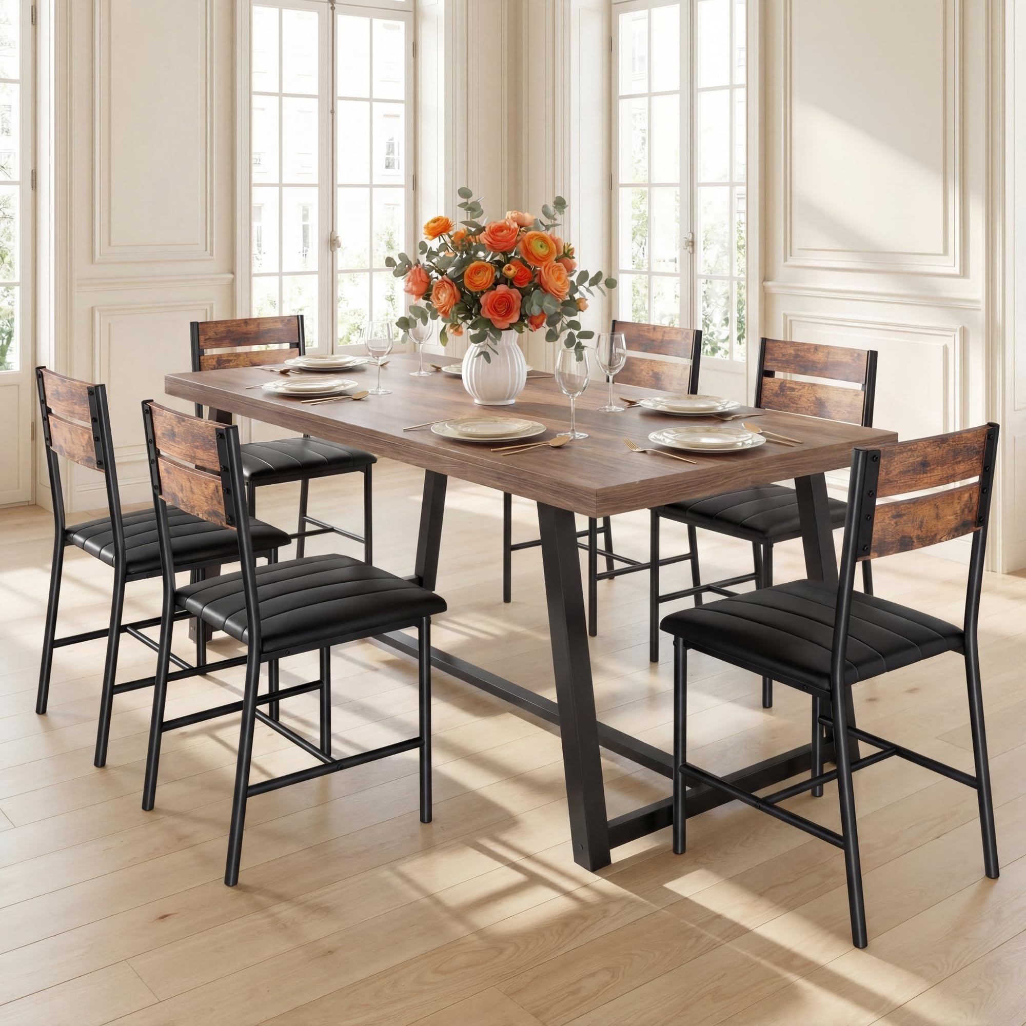 IRONCK 7-Piece Dining Table Set for 6, 71 inch Rectangular Kitchen Table with 6 Upholstered Chairs, Dining Room Table Set with Metal Frame and MDF