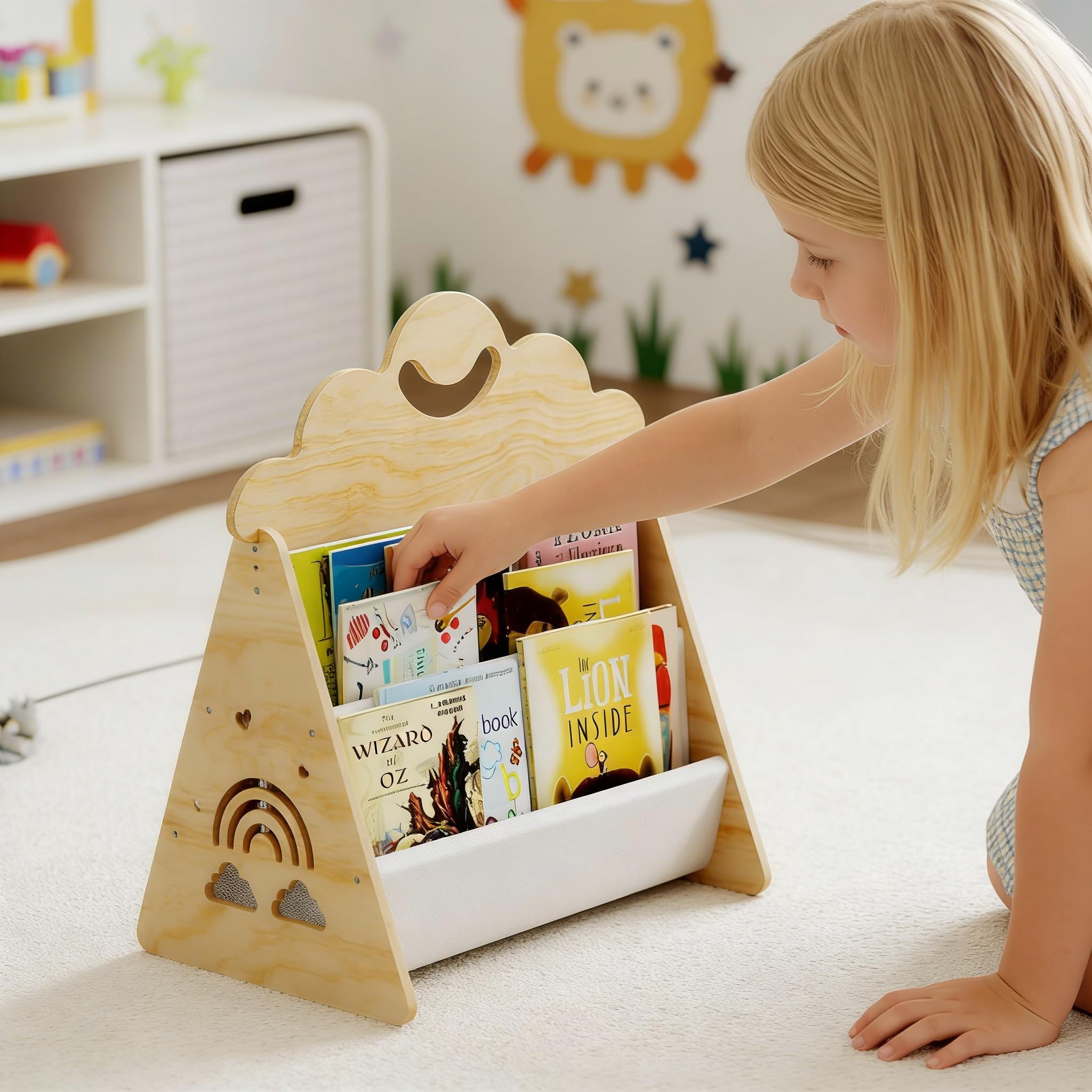 CEWROM Montessori Bibliothèque en bois pour enfants, double face avec poches en toile robuste, portable avec poignée, pour chambre d'enfant, salle de jeux et maternelle