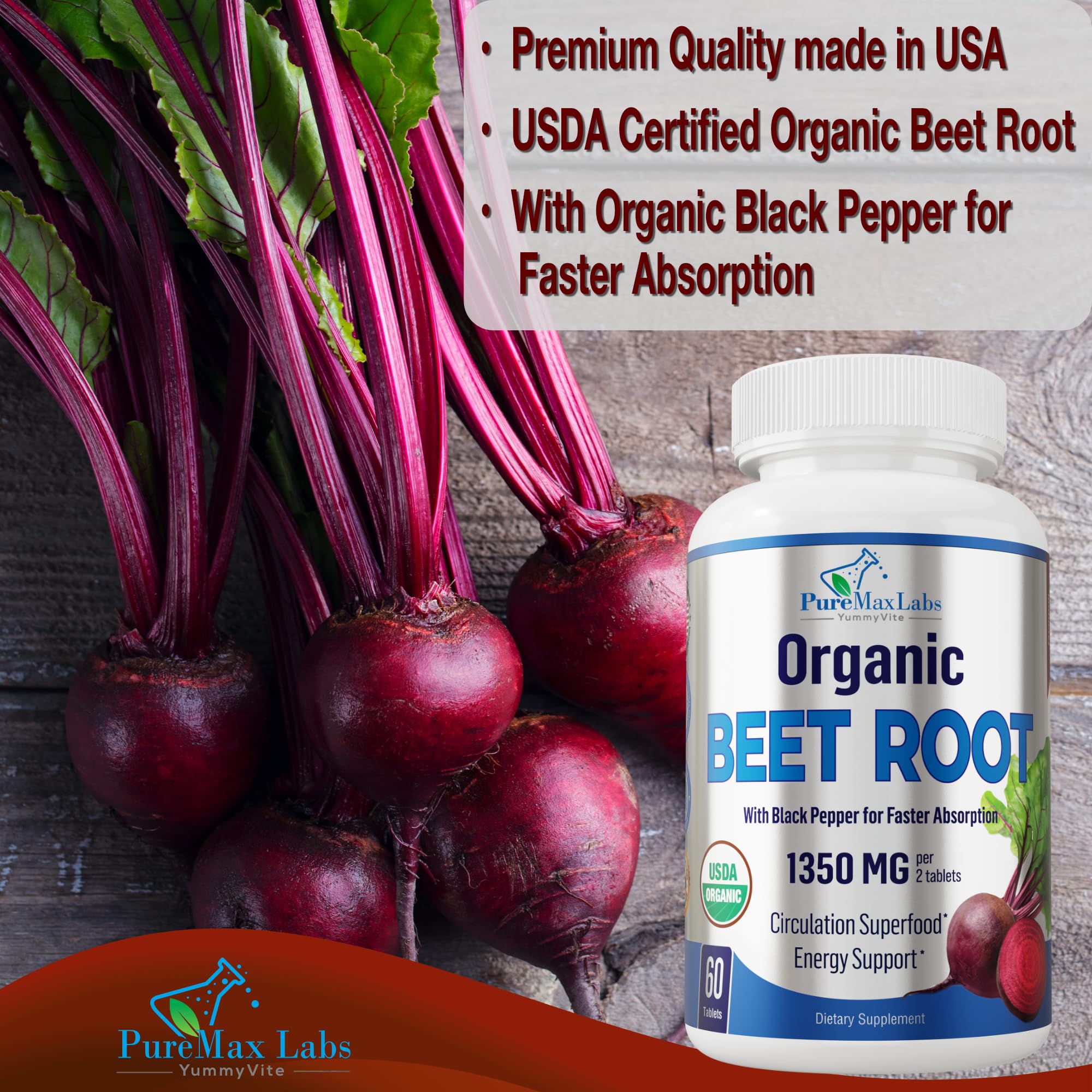 YUMMYVITE Organic Beet Root Powder Tablets, 1350mg, 60 Tablets — Amazon image 3