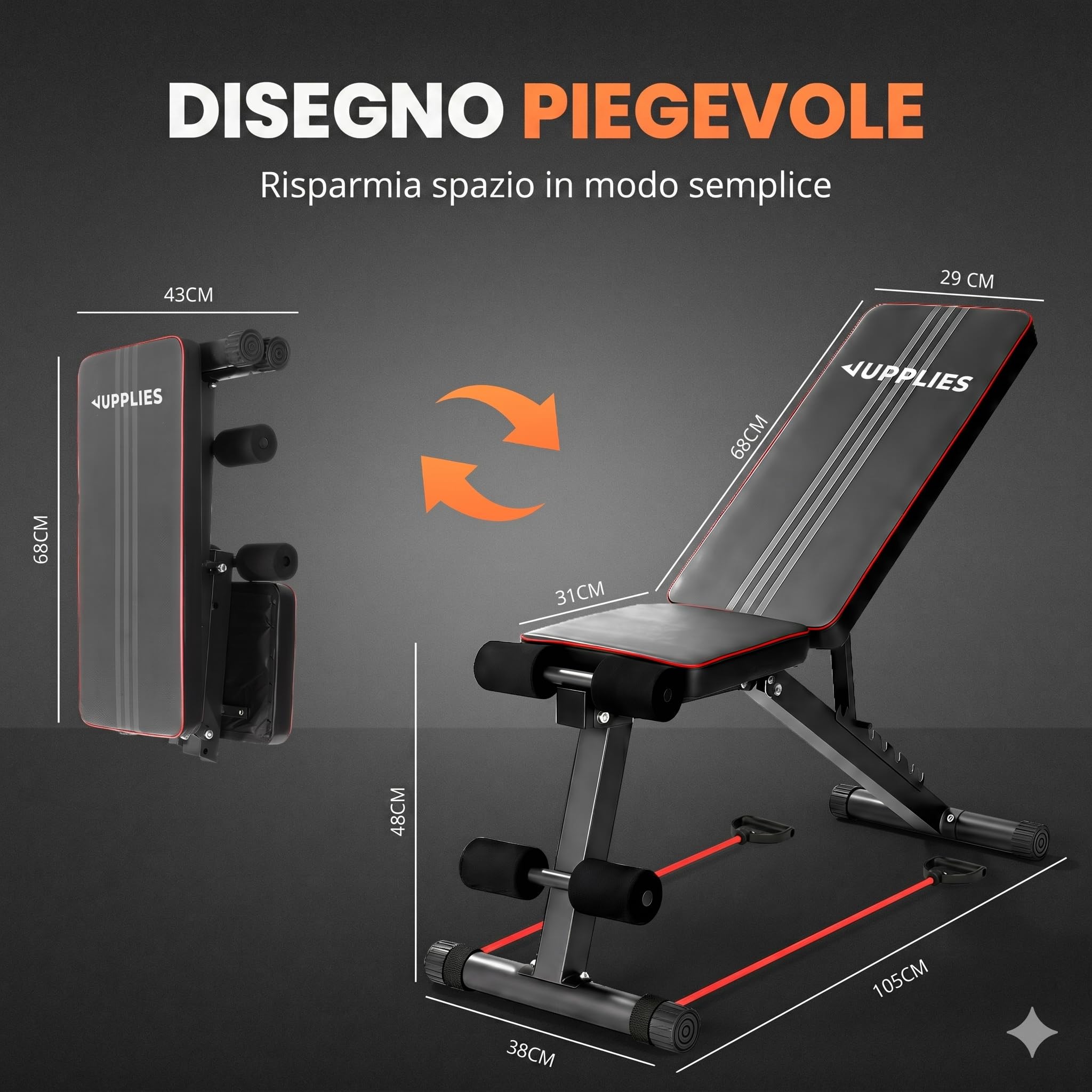 JUPPLIES Panca Pesi Pieghevole Multifunzionale 7 Posizioni | Inclinabile fino a 90° | Capacità 250kg | 2 Fasce Elastiche Incluse | Panca Palestra Casa + Tappeto Puzzle 36 Pezzi