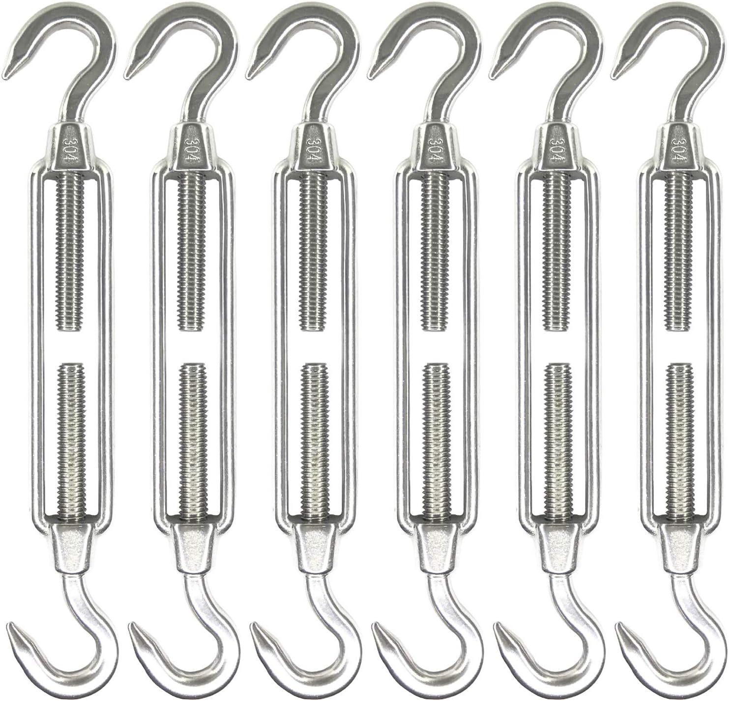 6Pcs M6 Stainless Steel Hook & Hook Turnbuckle, Shade Sail Hardware, Heavy Duty Wire Rope Tension, Antirust, C to C Turnbuckles