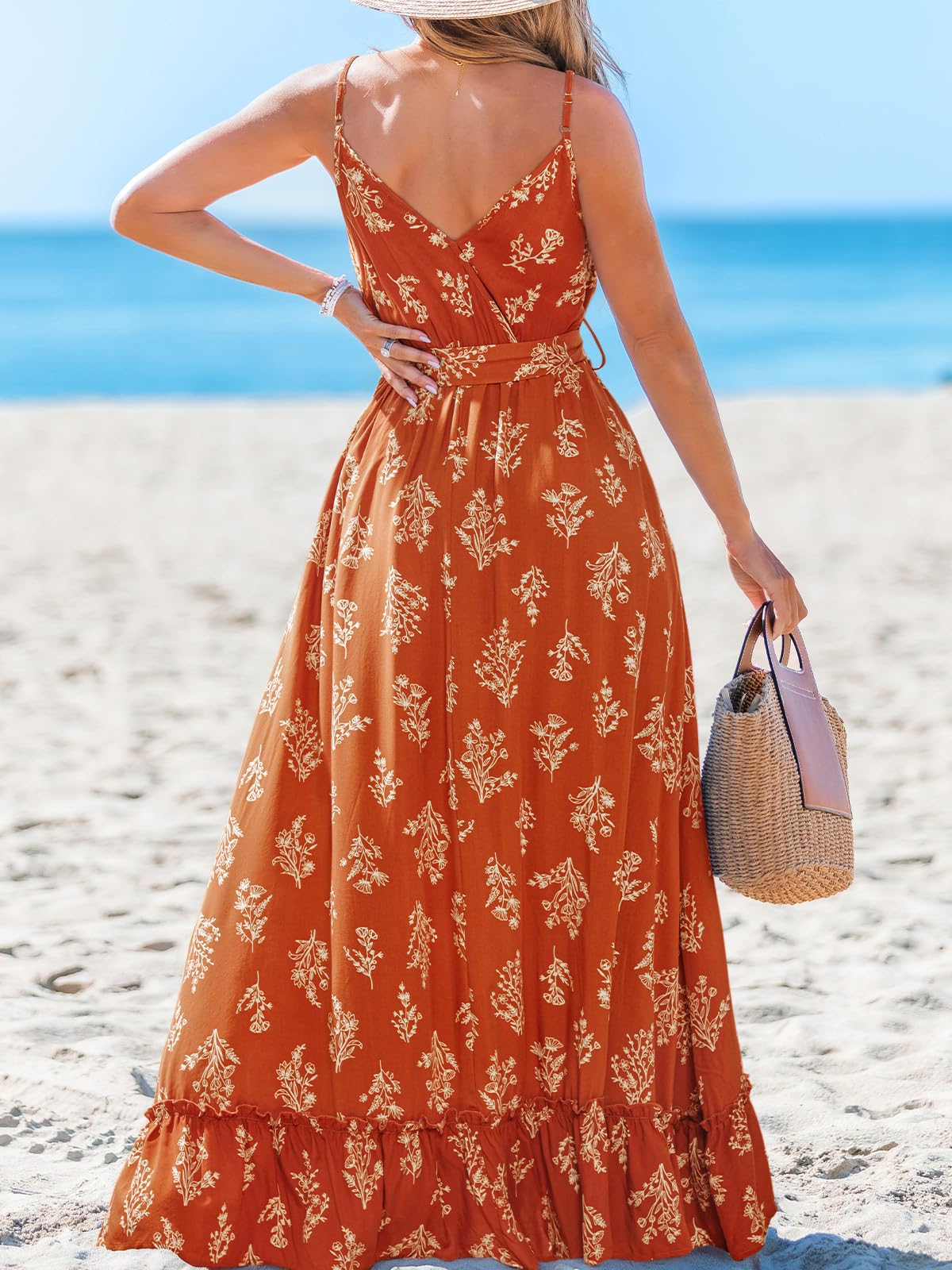 CUPSHE Robe longue pour femme avec bretelles spaghetti et col en V sans manches avec ceinture - Style bohème - Poches d'été - Vacances