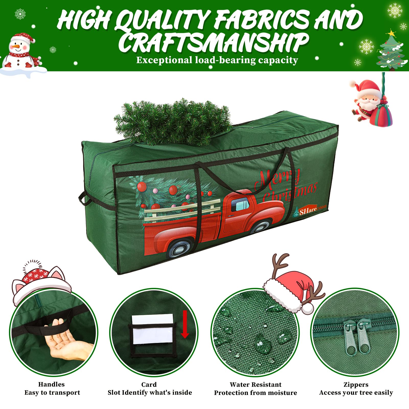 SHareconn Sacca per Albero di Natale, Borsa Oxford 600D Grande, Resistente e Impermeabile con Manici Rinforzati, Adatta per Alberi di Natale Artificiali Fino a 220 cm e Palline di Natale, Verde