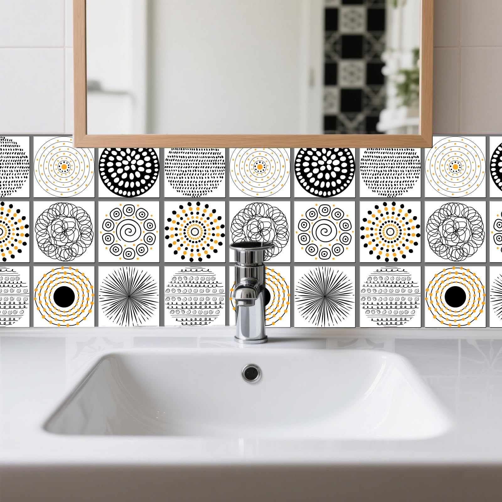 CONCHLERY 36 Pcs 9 Style Hand Drawn Style Tile Stickers Doodle Circles Peel and Stick Wall Tile Stickers Waterproof Self Adhesive Geometric Shapes Stick on Tiles Decals for Kitchen Bathroom, 4×4 Inch — image 1