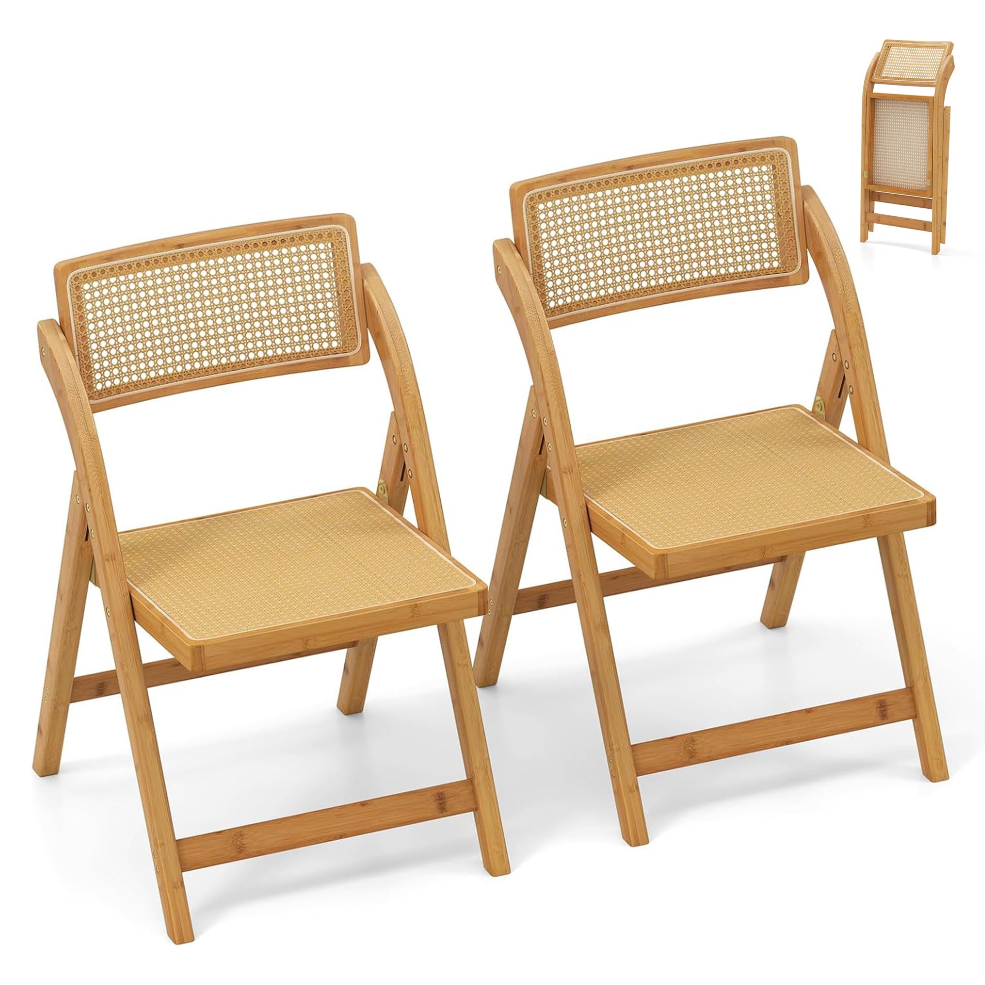 RELAX4LIFE Lot de 2 Chaise Pliante Bois, Chaises Rotin Salle à Manger avec Cadre en Bambou, Dossier Pivotant, Chaise Cannage Pliante, Style Bohème, Aucun Montage, Charge 150 kg, pour Cuisine Salon (1)
