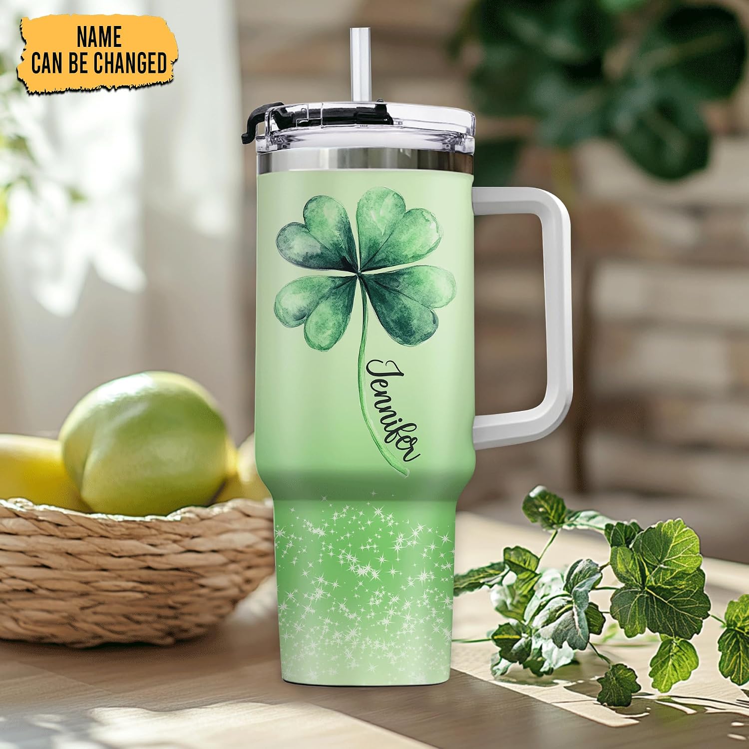 Hyturtle Personalized St Patrick's Day 40oz Tumbler with Handle and Straw Gifts For Girls Women, Green Irish Shamrock Gifts, Four Leaves Clover Custom Insulated Stainless Steel Travel Cup With Lid