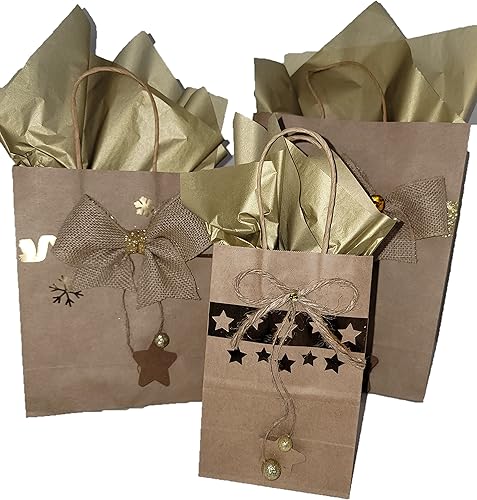 Bolsa de regalo de papel kraft, bolsa de papel, decoradas a mano, paquete de 3 bolsas, 12x9.5, 9.5x7.5, 7.6x5.4 pulgadas