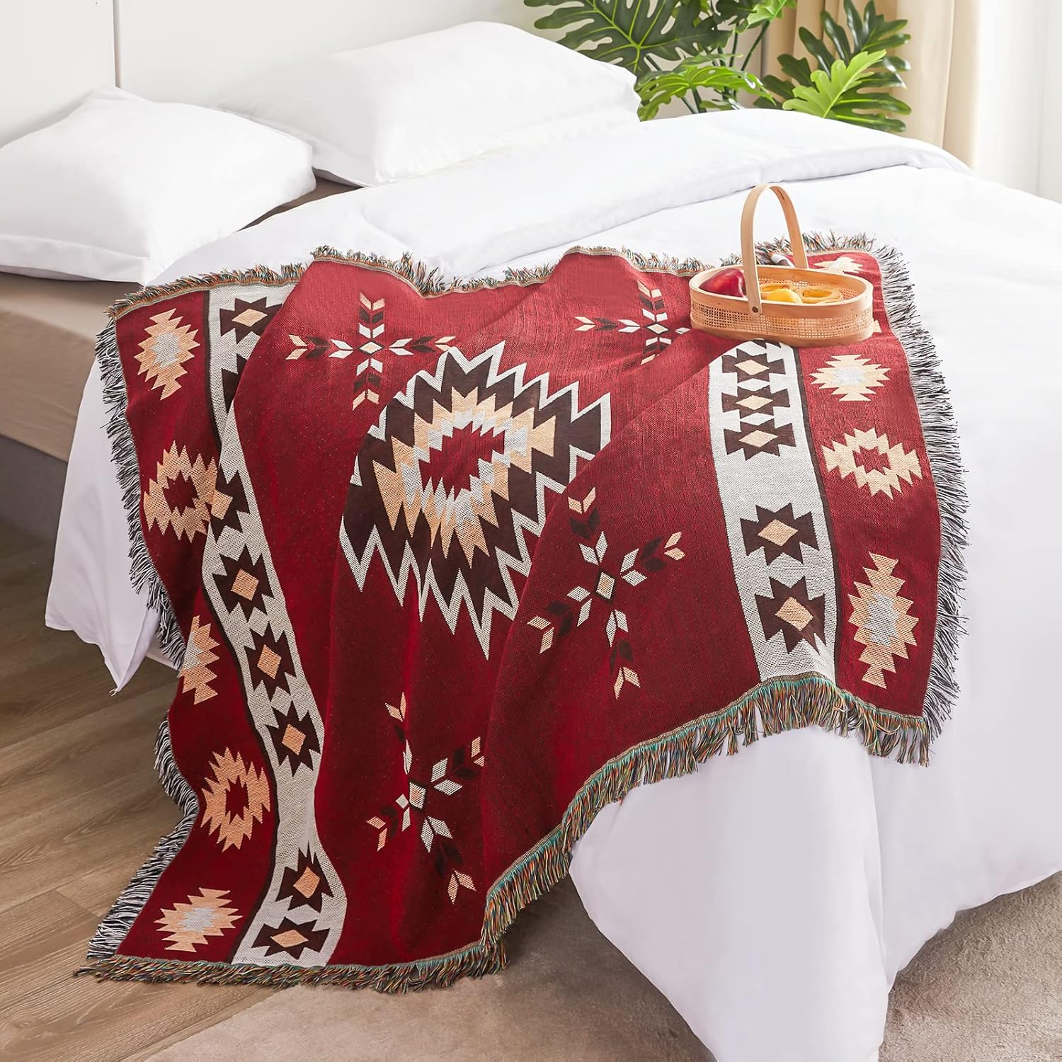 Touchat Native American Blanket Boho Throw Blanket for Sofa and Bed, Mexican Decorative Farmhouse Blanket, Southwest Decor Woven Blankets, Aztec Throw Blankets Bohemian with Tassel(Wine,50×60 inch)