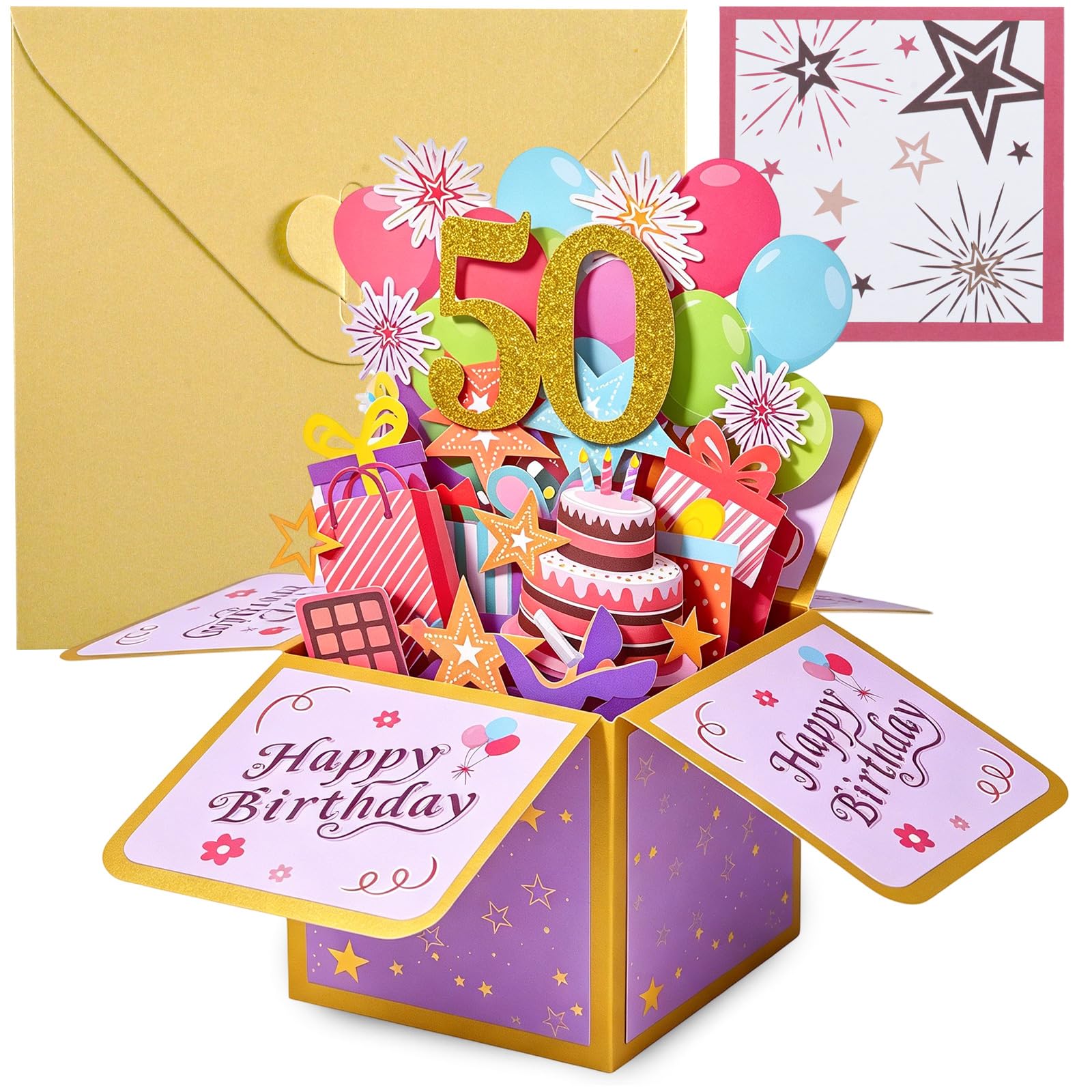 MIANRUII 50th Birthday Card, 3D Pop Up 50th Birthday Card Women, Special 40th Birthday Gifts for Women, Sweet Pink Popup Gift Box Greeting Cards for Mum Wife Female Her Gift Decoration