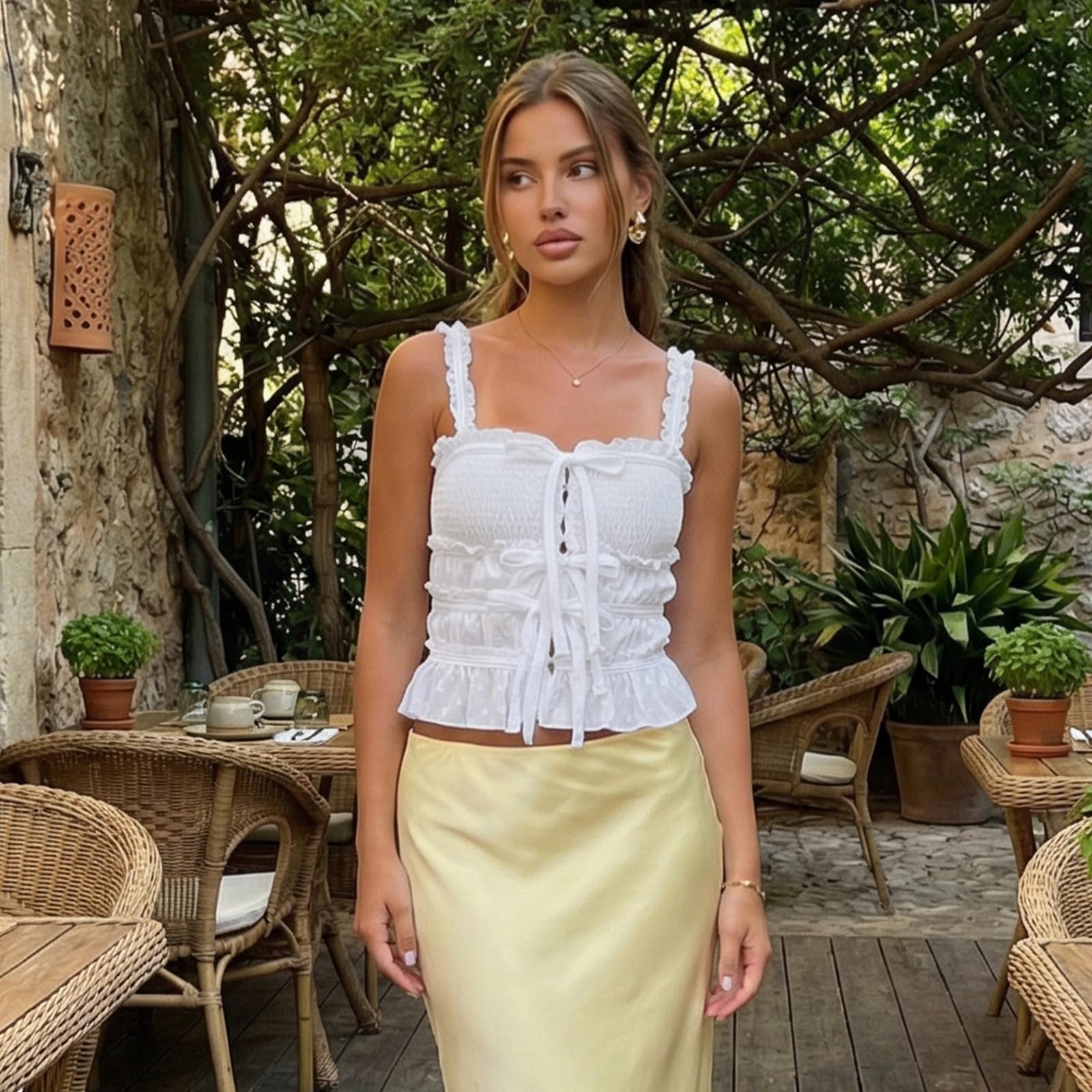 GXNRHG Canottiere Slim estive da Donna Tinta Unita con Cinturino per Spaghetti Papillon sul Davanti Canotte Smocked Canotte per Uscire Tops Streetwear