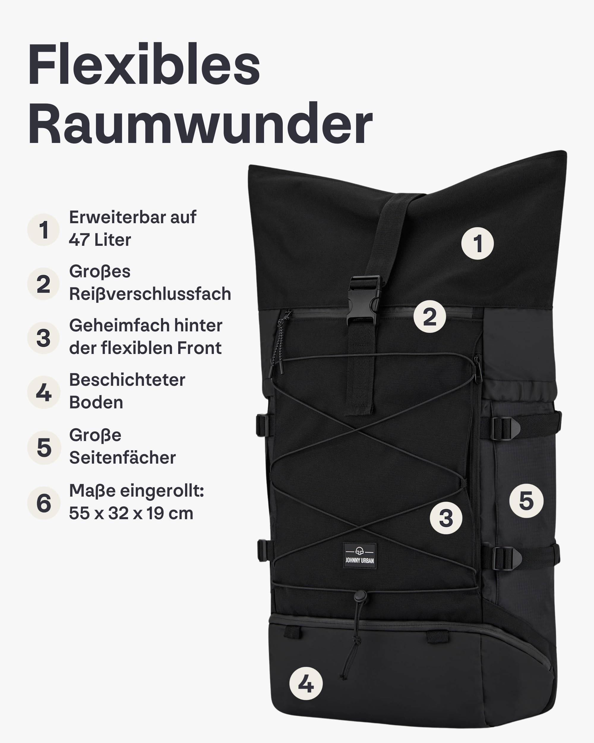 Johnny Urban Reiserucksack Damen & Herren Schwarz - Allen Travel XL - 48L Rolltop Rucksack Groß - Idealer Backpack für Reisen Ausflüge Trips - Wasserabweisend