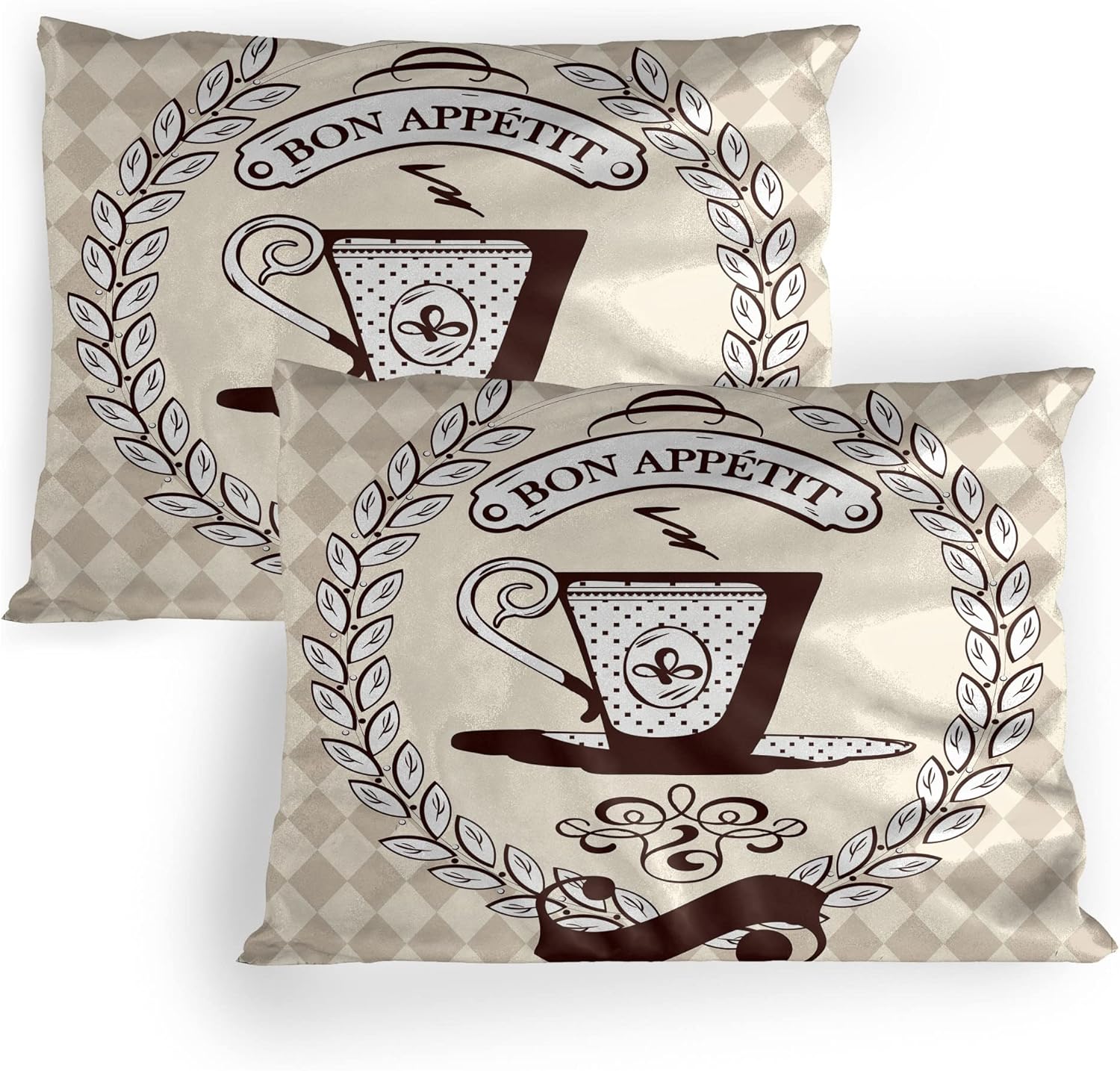 Lunarable Coffee Pillow Sham Set of 2, Latte Espresso Mocha Americano Cups with Tree Heart Leaf Flower Shapes Image, Quality Microfiber Bedding Item for All Seasons, 26" x 20", Amber Brown White