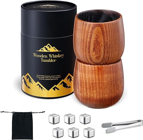 Vaso de whisky de madera carbonizada, 2 vasos de whisky hechos a mano Regalos de bourbon para hombres Vidrio carbonizado antiguo Regalos únicos
