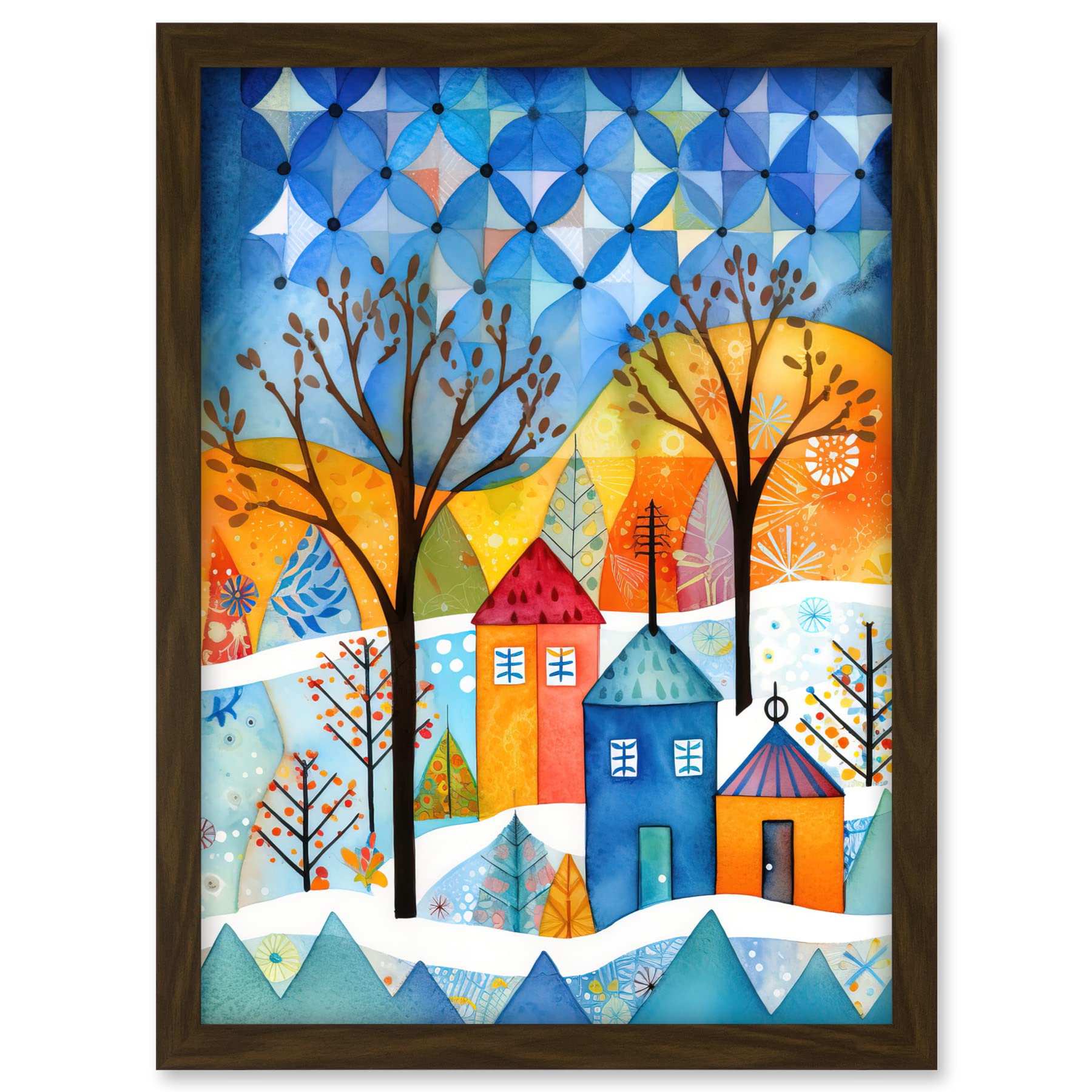 Artery8 Abstract Winter Snowfall Folk Art Artwork Framed A3 Wall Art Print